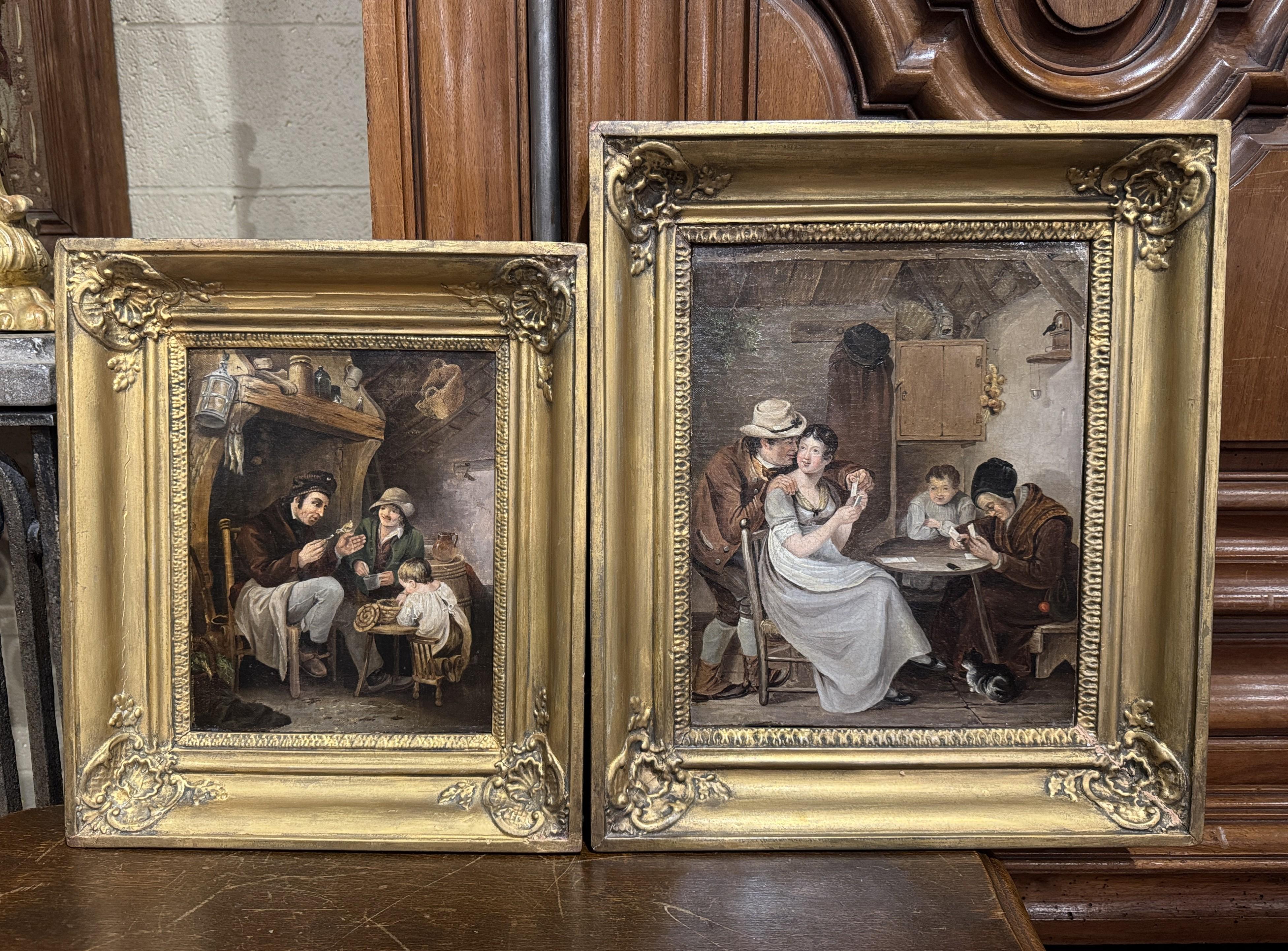 Set von zwei französischen Gemälden, Öl auf Leinwand, Genregemälde in vergoldeten Holzrahmen, 19. Jahrhundert im Zustand „Hervorragend“ im Angebot in Dallas, TX