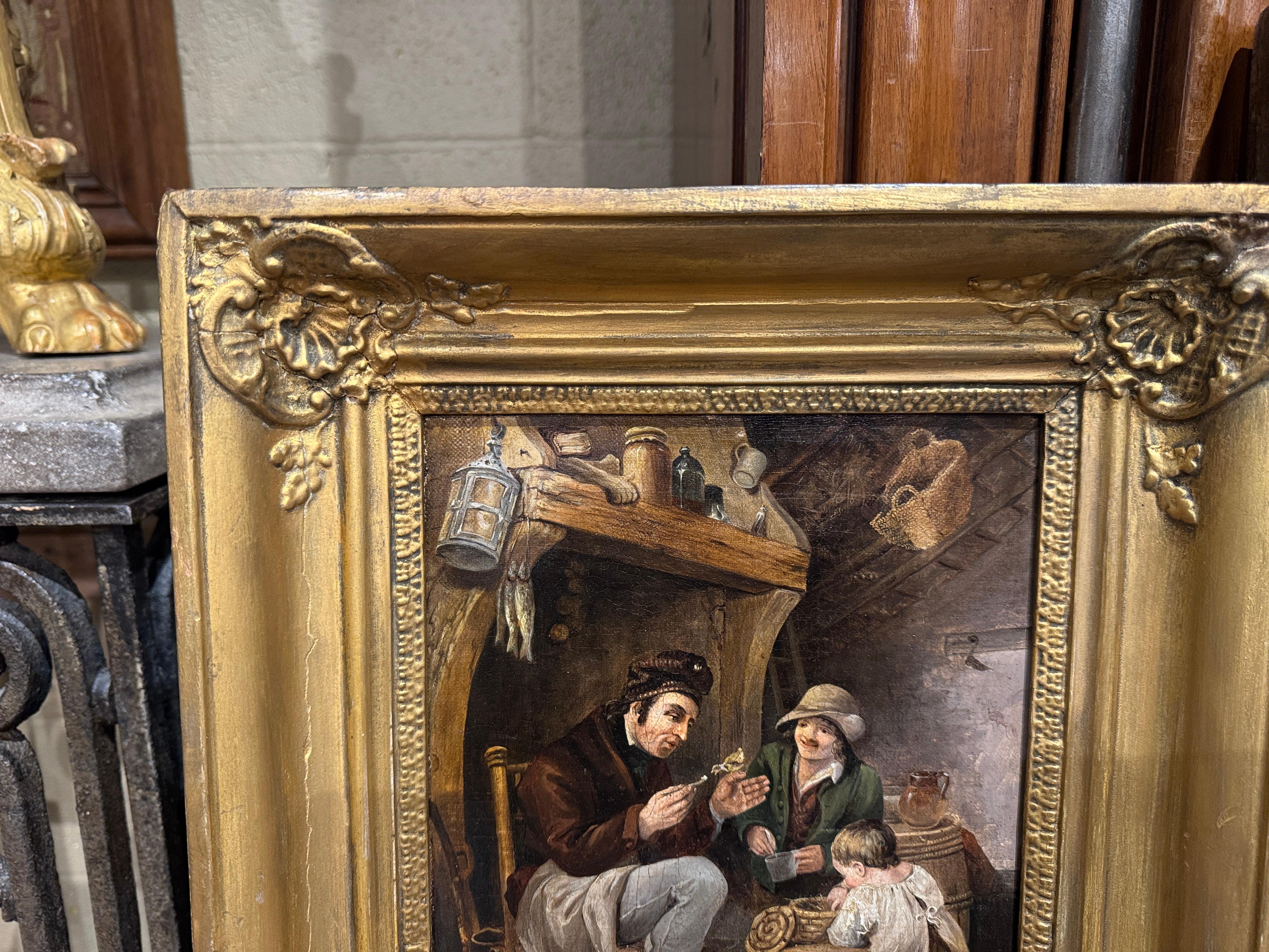 Set von zwei französischen Gemälden, Öl auf Leinwand, Genregemälde in vergoldeten Holzrahmen, 19. Jahrhundert im Angebot 1