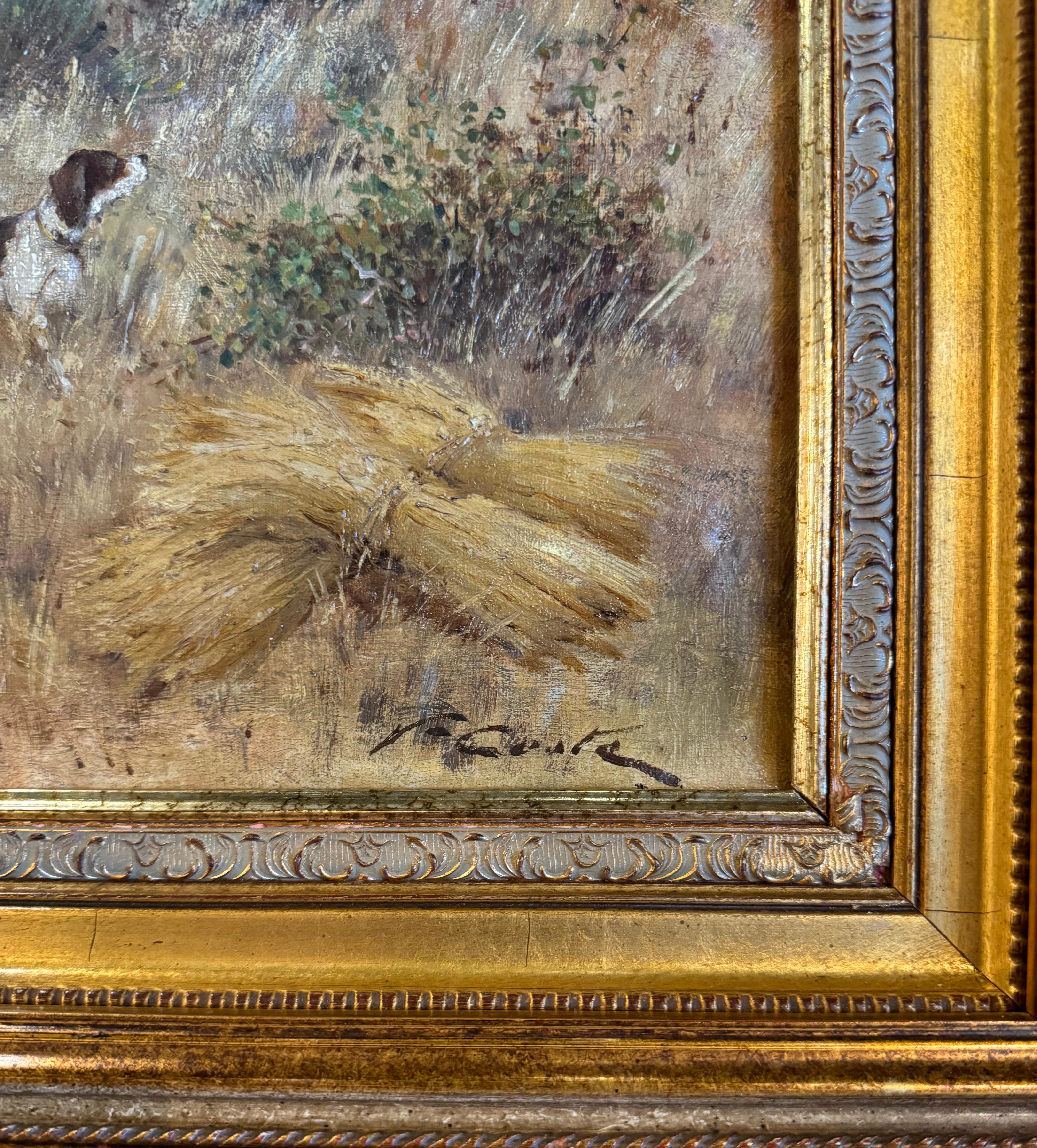 19. Jahrhundert Französisch Öl auf Leinwand Jagd Gemälde in geschnitzten Giltwood Rahmen (Vergoldet)