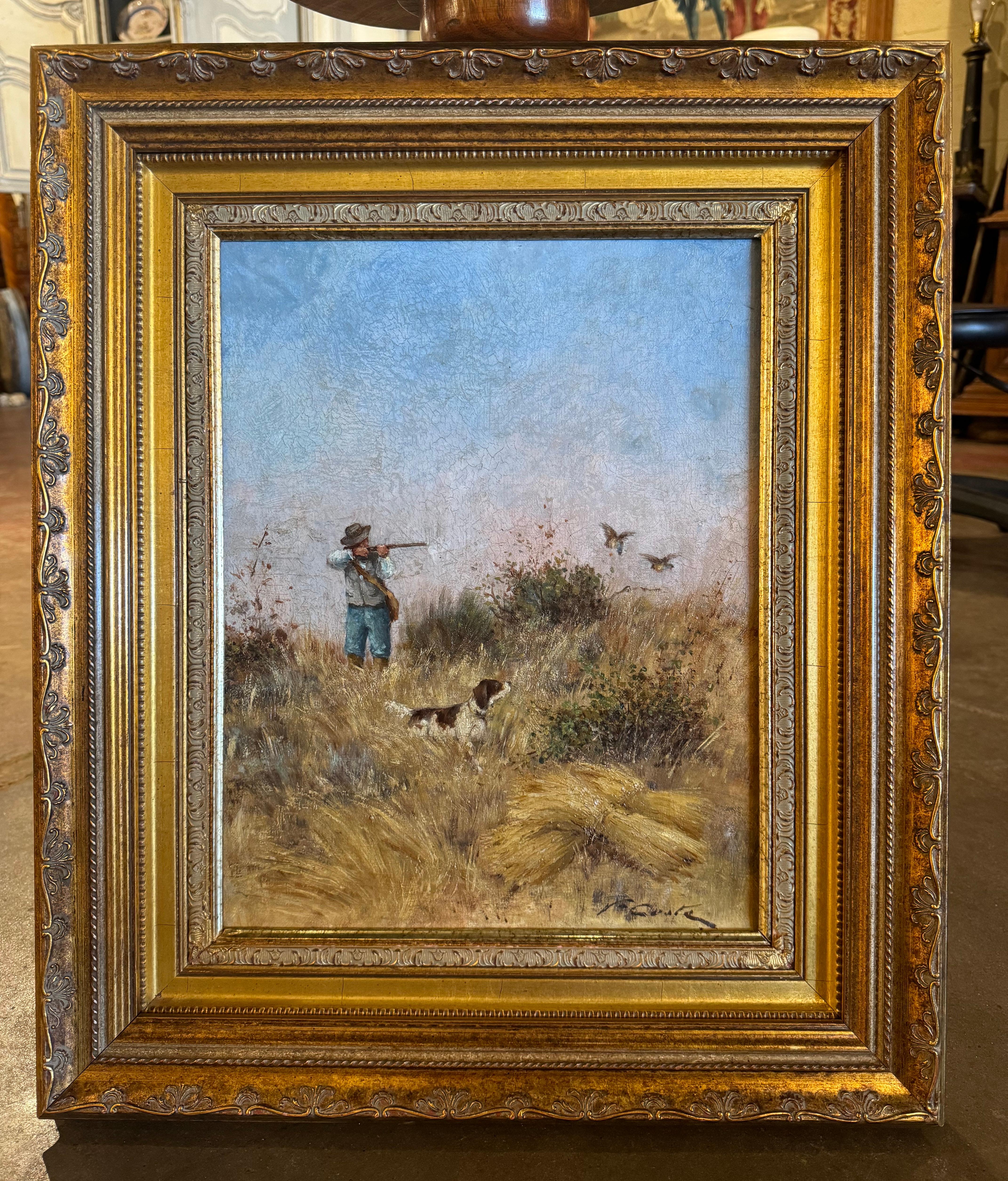 19. Jahrhundert Französisch Öl auf Leinwand Jagd Gemälde in geschnitzten Giltwood Rahmen im Zustand „Hervorragend“ in Dallas, TX