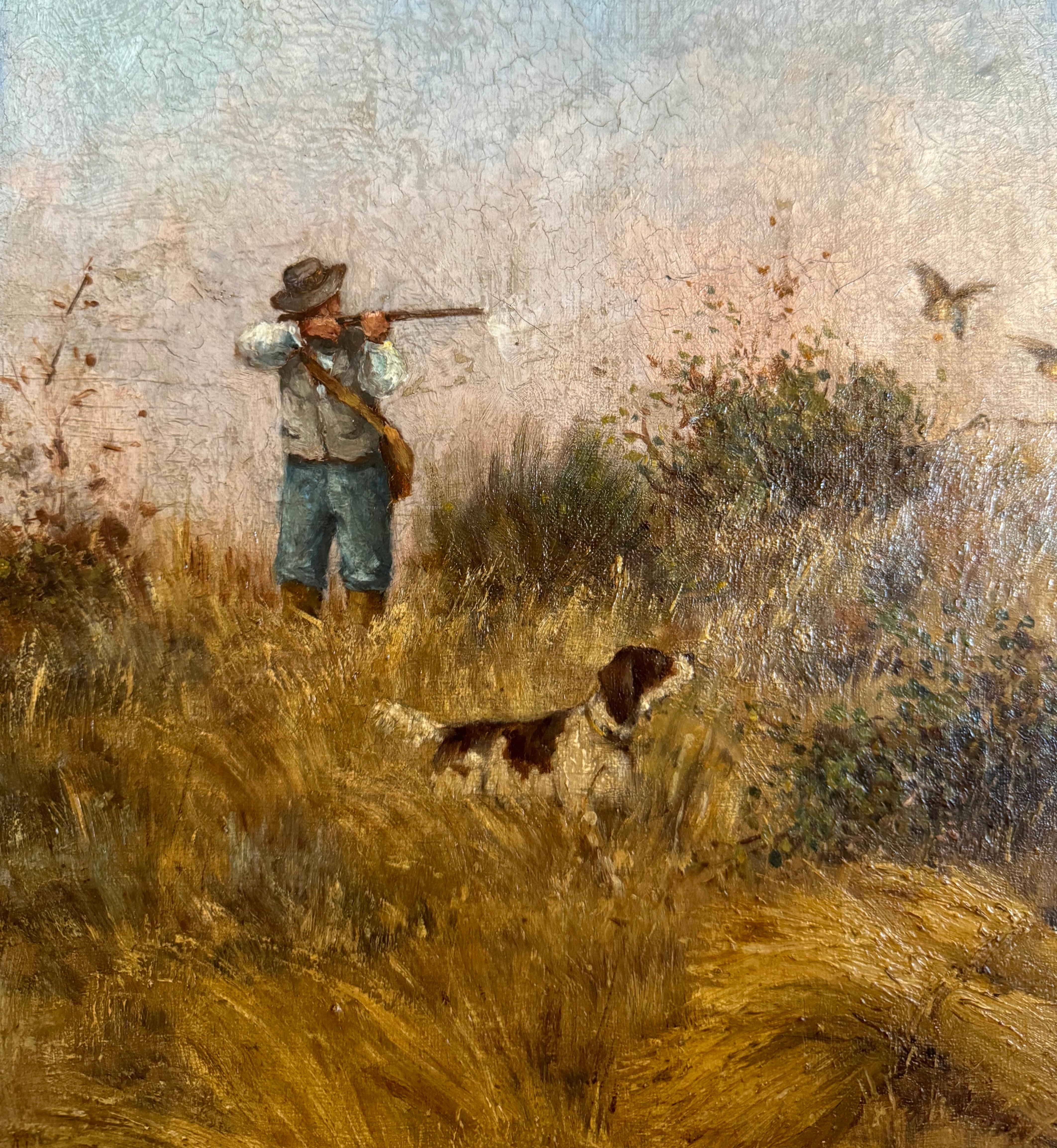 19. Jahrhundert Französisch Öl auf Leinwand Jagd Gemälde in geschnitzten Giltwood Rahmen 1