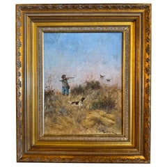 Huile sur toile française du 19ème siècle, peinture de chasse dans un cadre en bois doré sculpté Huile sur toile française du 19ème siècle, peinture de chasse dans un cadre en bois doré sculpté