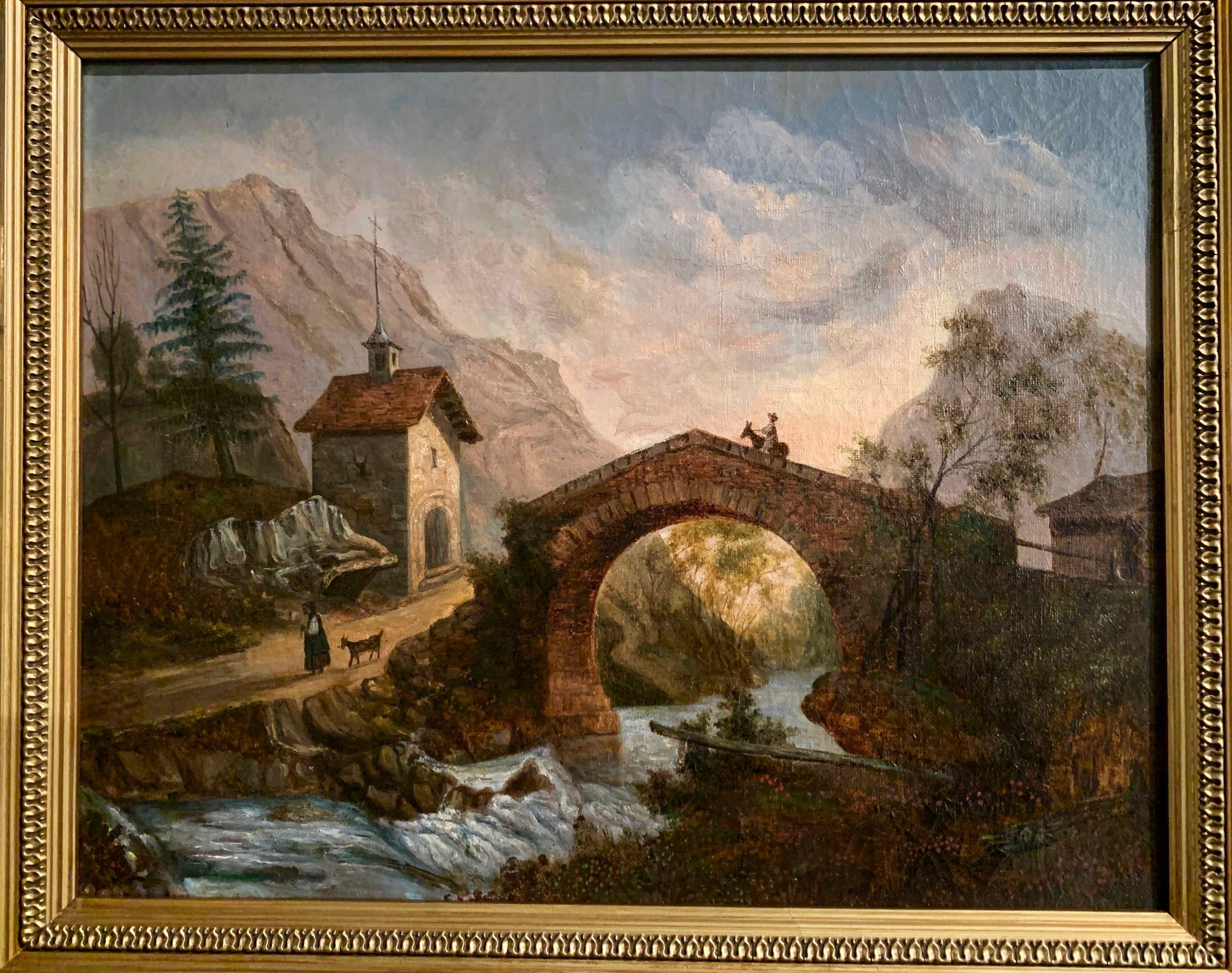 This elegant antique painting was created in France, circa 1890; set in a carved giltwood frame, the artwork depicts a landscape scene in the mountains with a village and a bridge in the foreground. The canvas has been relined, is in excellent