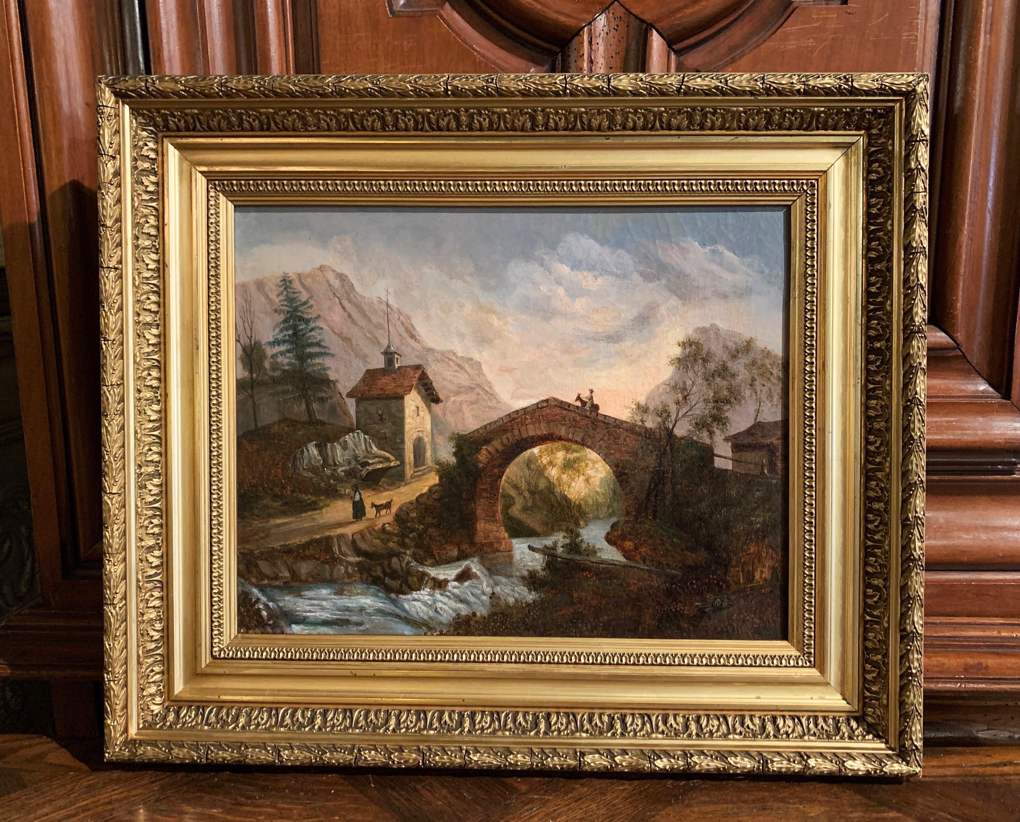 19th Century French Oil on Canvas Landscape Painting in Carved Gilt Frame 2