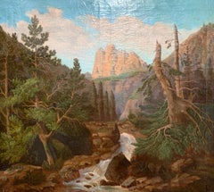 tableau de paysage français du 19ème siècle:: huile sur toile:: cadre en bois doré sculpté