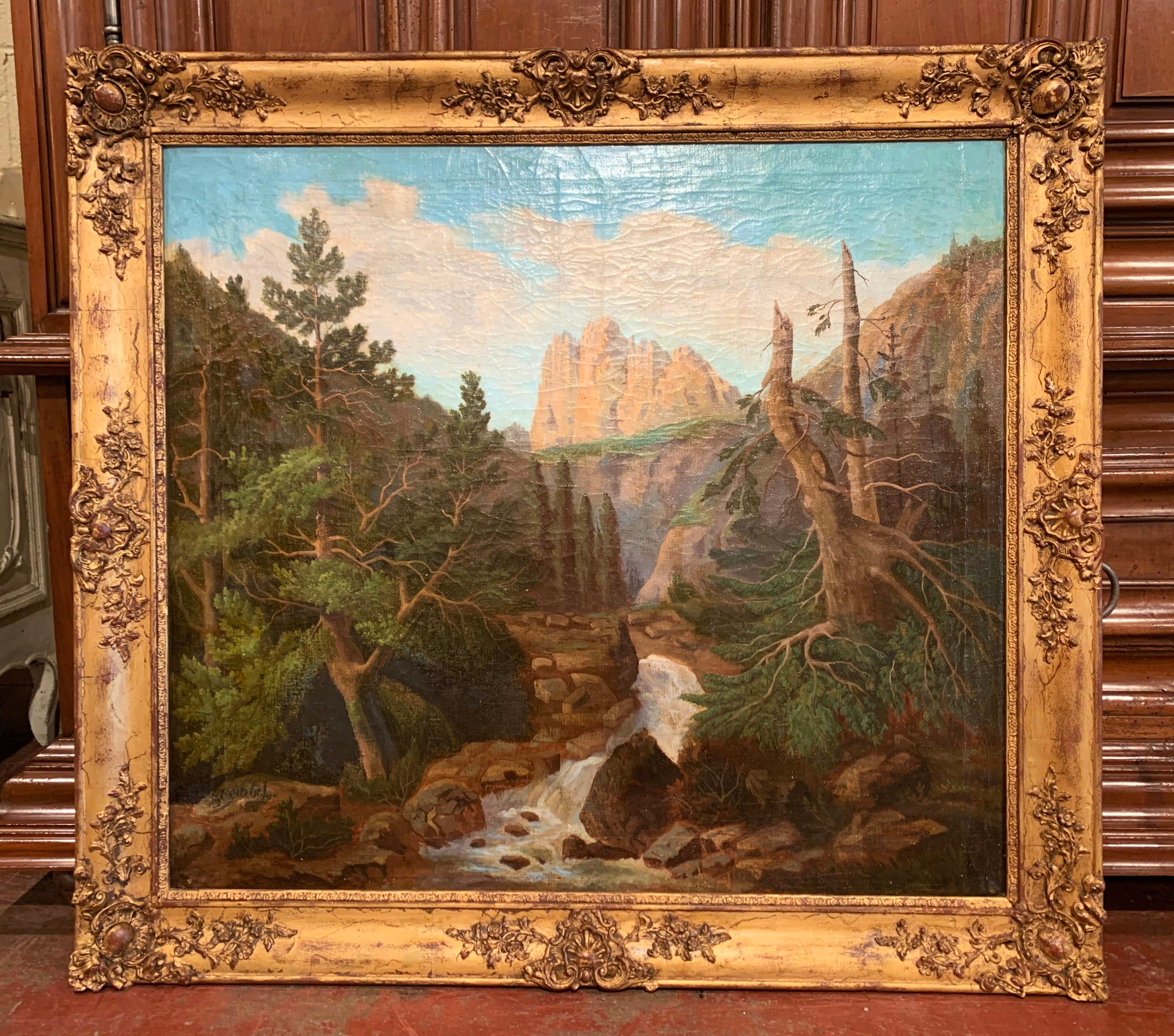 19th Century French Oil on Canvas Landscape Painting in Carved Giltwood Frame  1