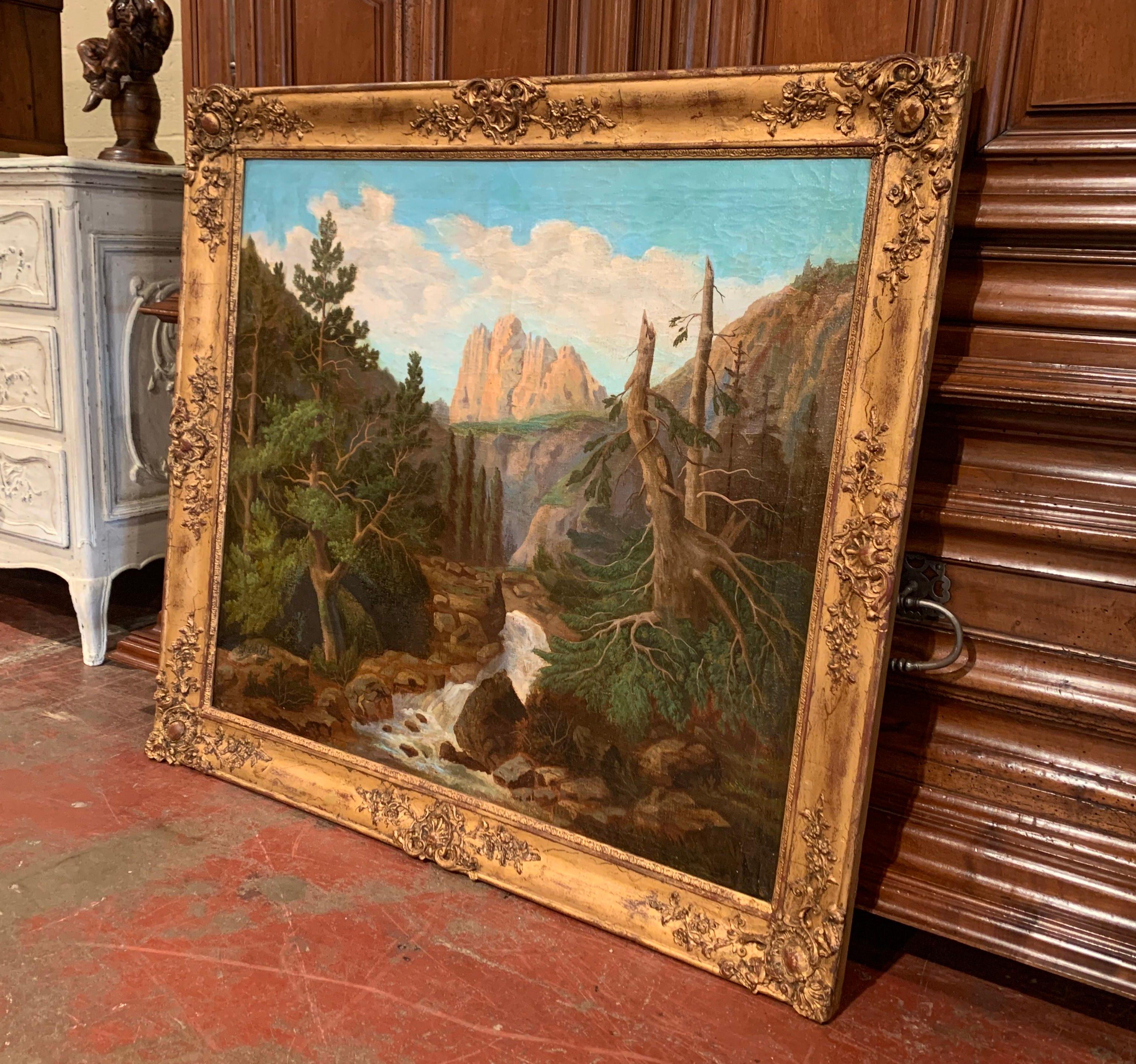19th Century French Oil on Canvas Landscape Painting in Carved Giltwood Frame  4
