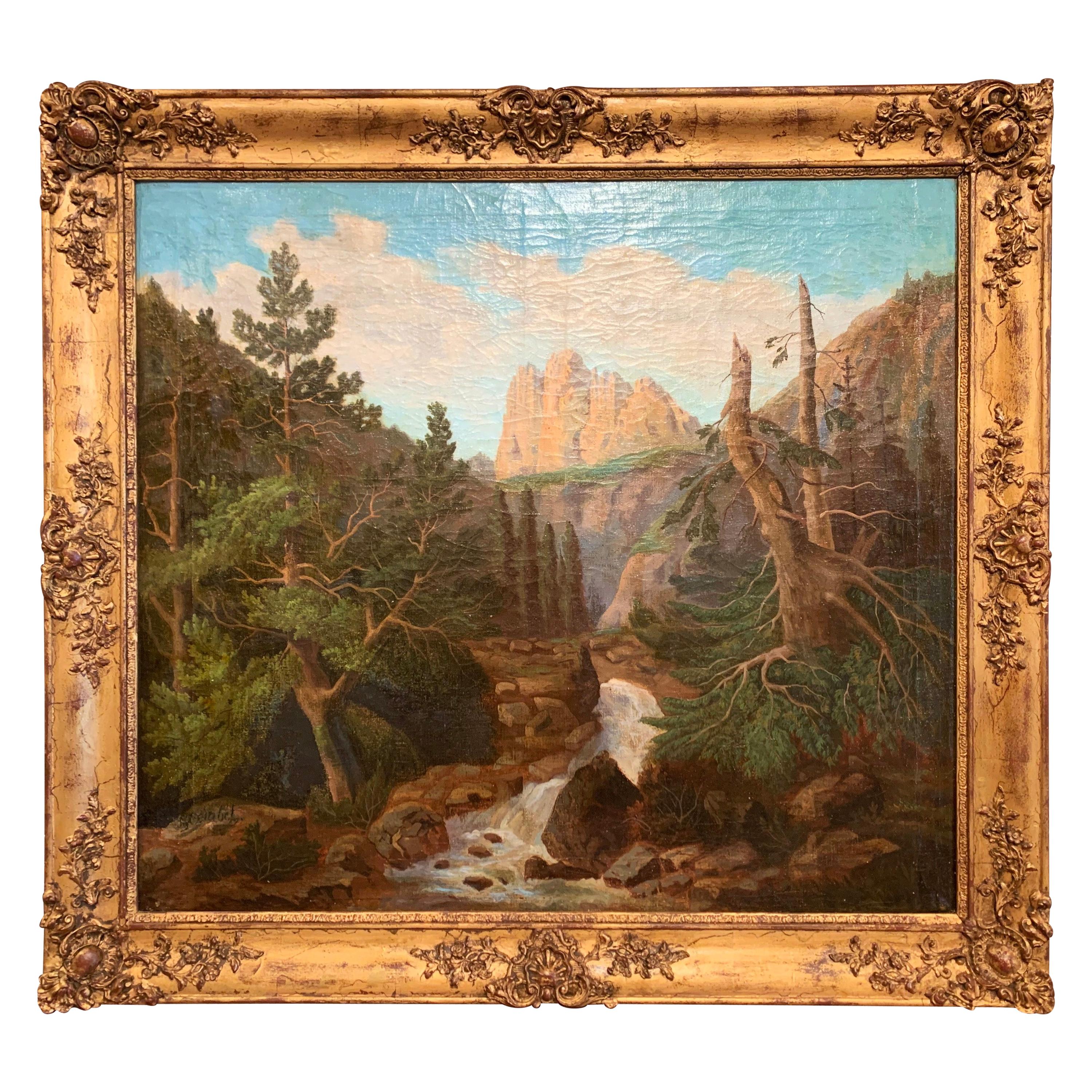 19th Century French Oil on Canvas Landscape Painting in Carved Giltwood Frame 