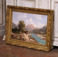 Peinture de paysage à l'huile sur toile du 19e siècle signée Emile Godchaux