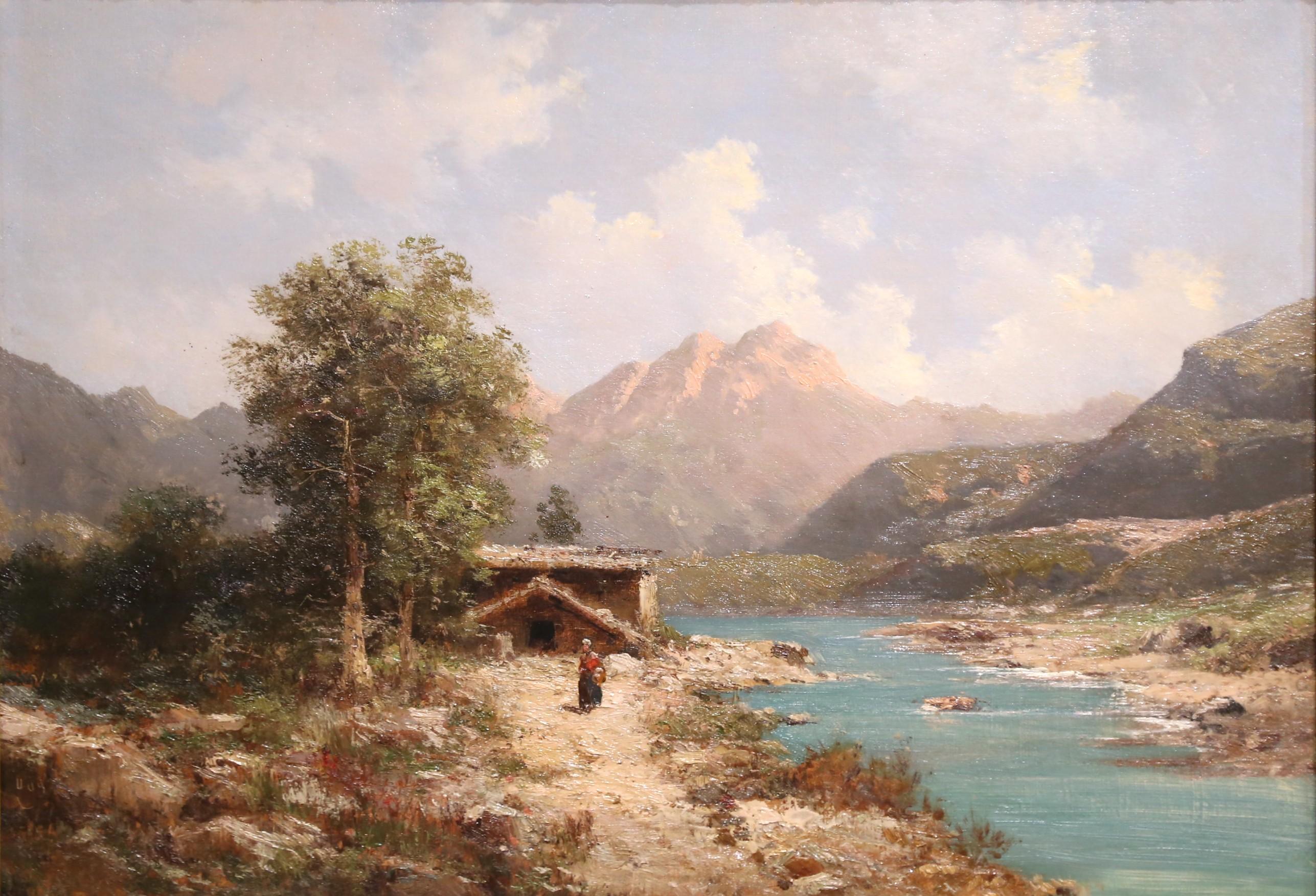 Óleo francés del siglo XIX sobre lienzo Pintura de paisaje firmada Emile Godchaux De campo en venta