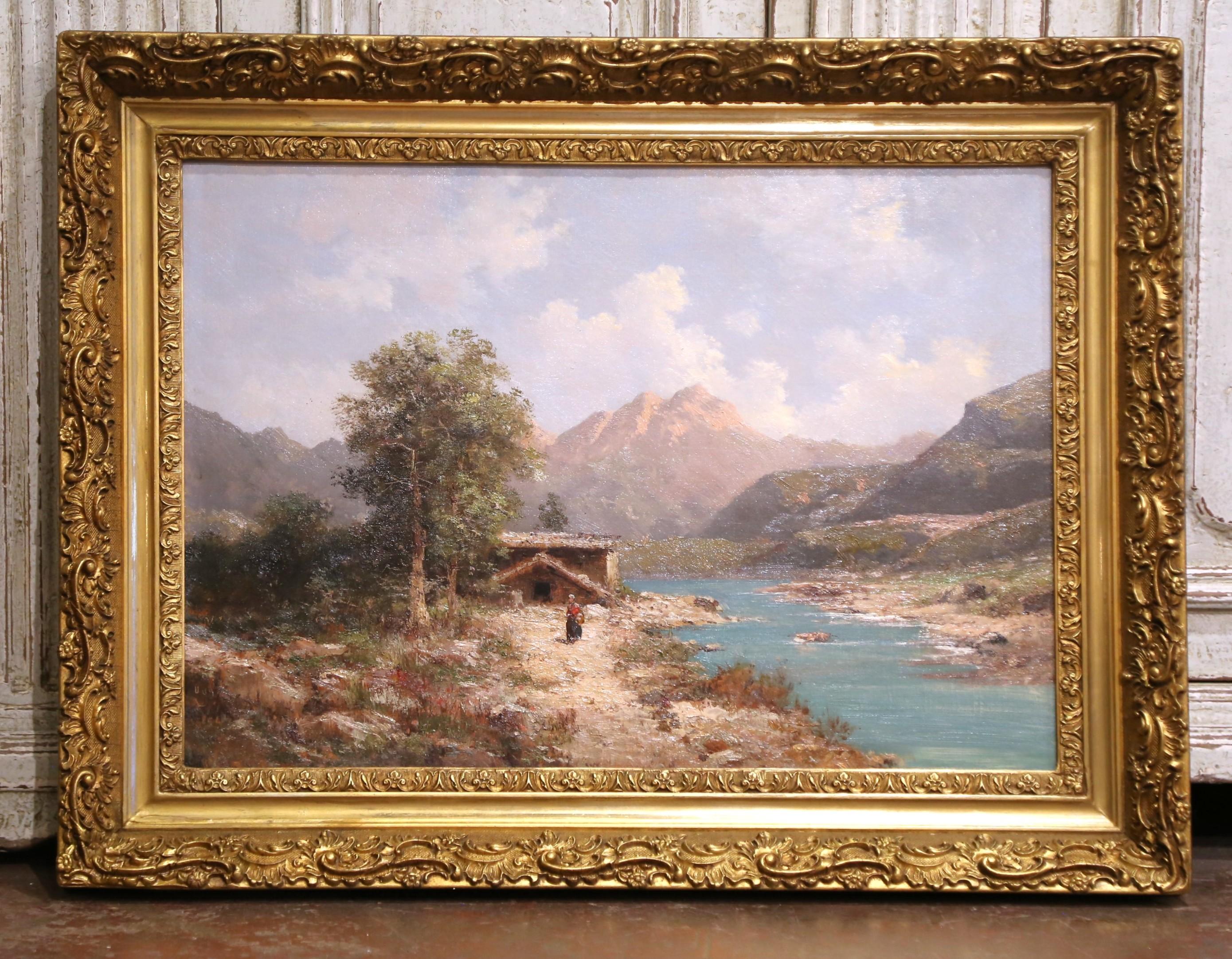 Óleo francés del siglo XIX sobre lienzo Pintura de paisaje firmada Emile Godchaux Tallado a mano en venta