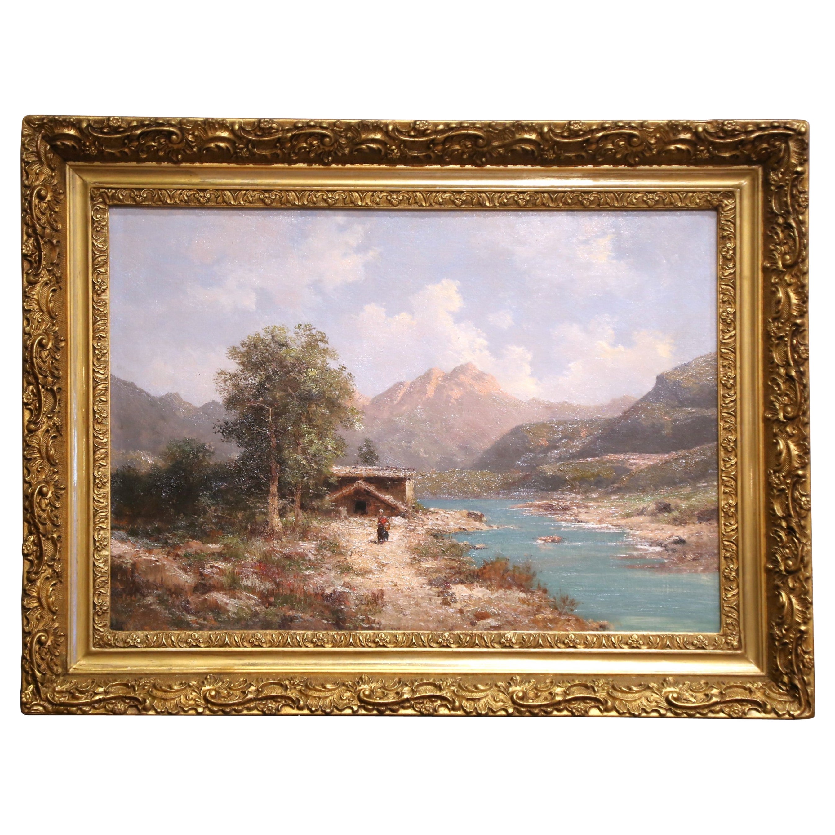 Pittura paesaggistica francese del XIX secolo a olio su tela firmata Emile Godchaux