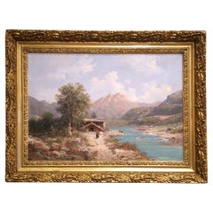 Óleo francés del siglo XIX sobre lienzo Pintura de paisaje firmada Emile Godchaux