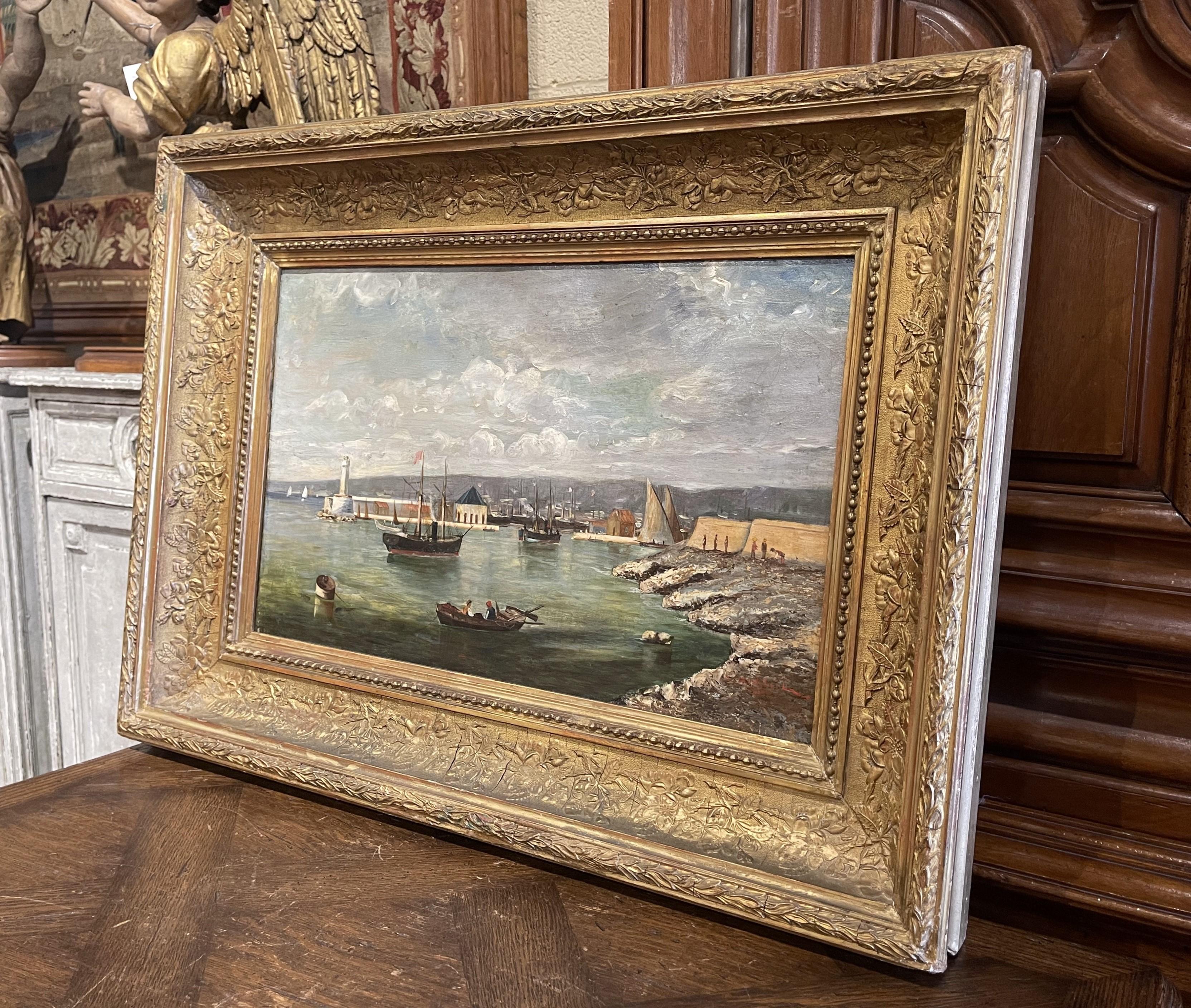  Painted circa 1885, the artwork on canvas is set in the original carved gilt wood frame; the scene illustrates the picturesque, ocean-front landscape of the 