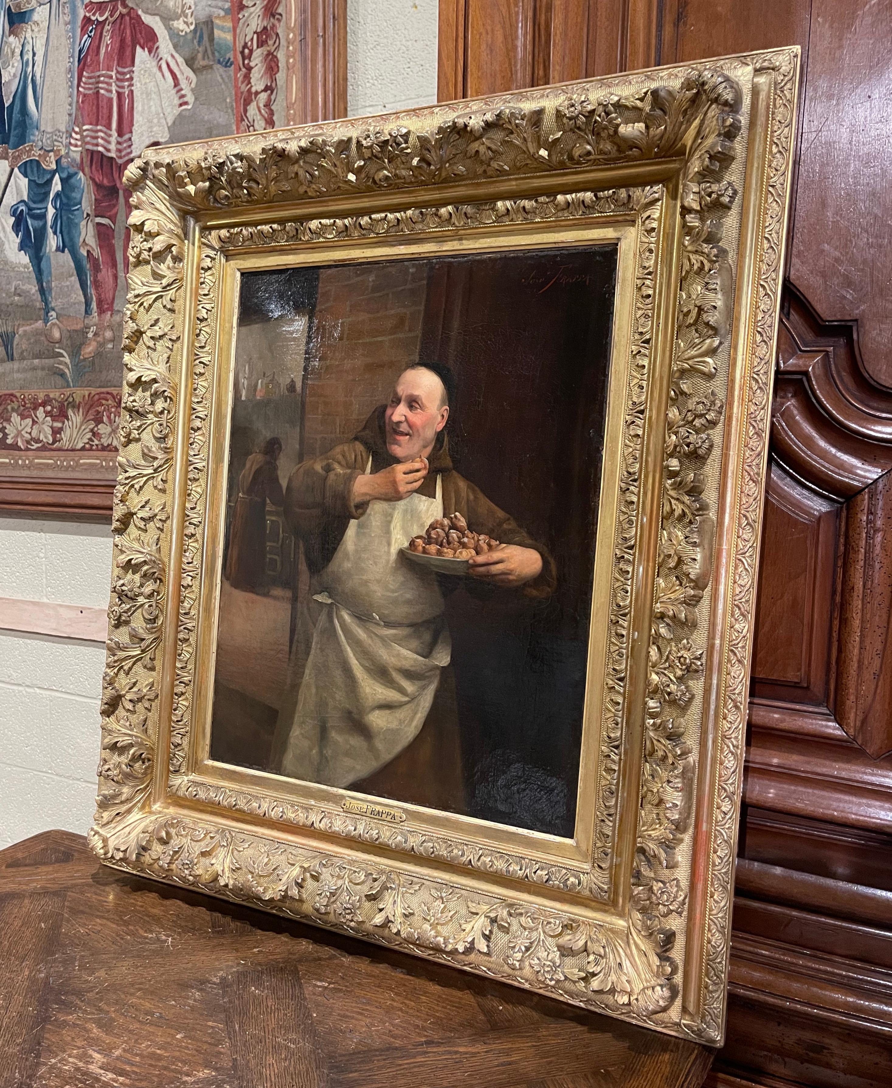 Decorate a study or office with this joyful antique painting. Set in the original carved giltwood frame, the artwork, signed in the lower right corner by the artist, Jose Frappa, features a happy monk testing some fresh home made donuts known as