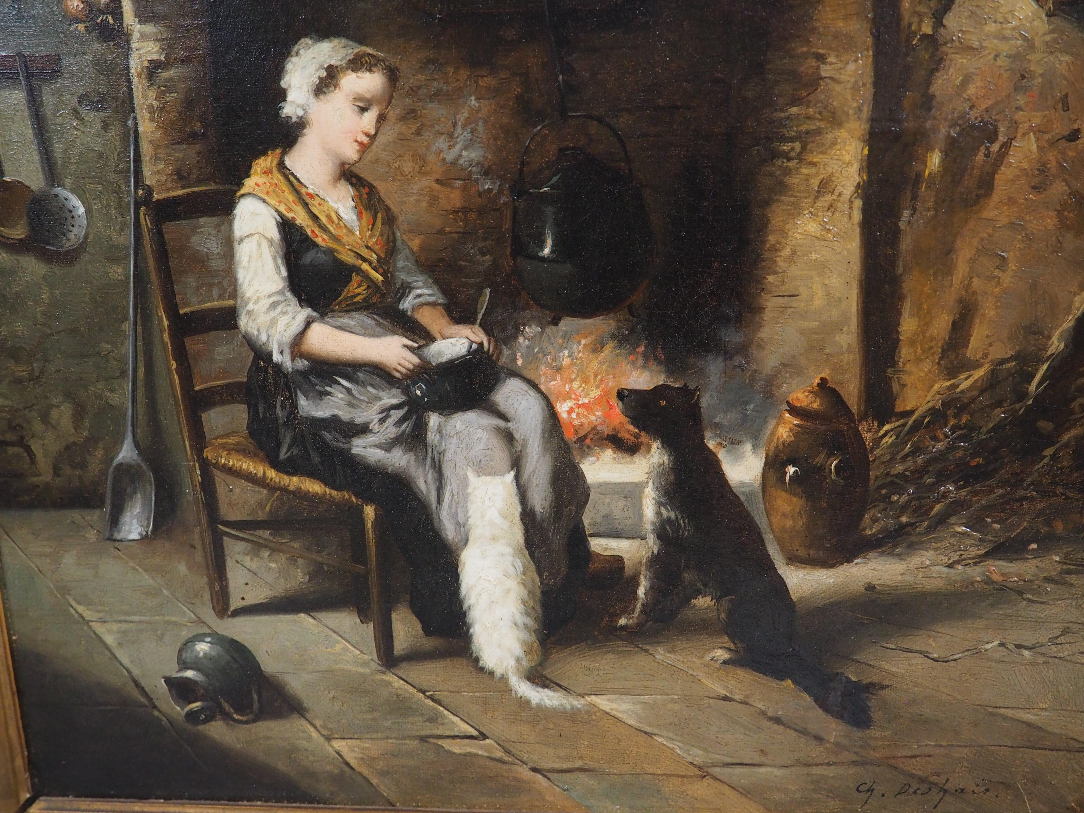 19. Jahrhundert Französisch Öl auf Leinwand Gemälde, Ein ruhiger Abend am Herd im Angebot 7