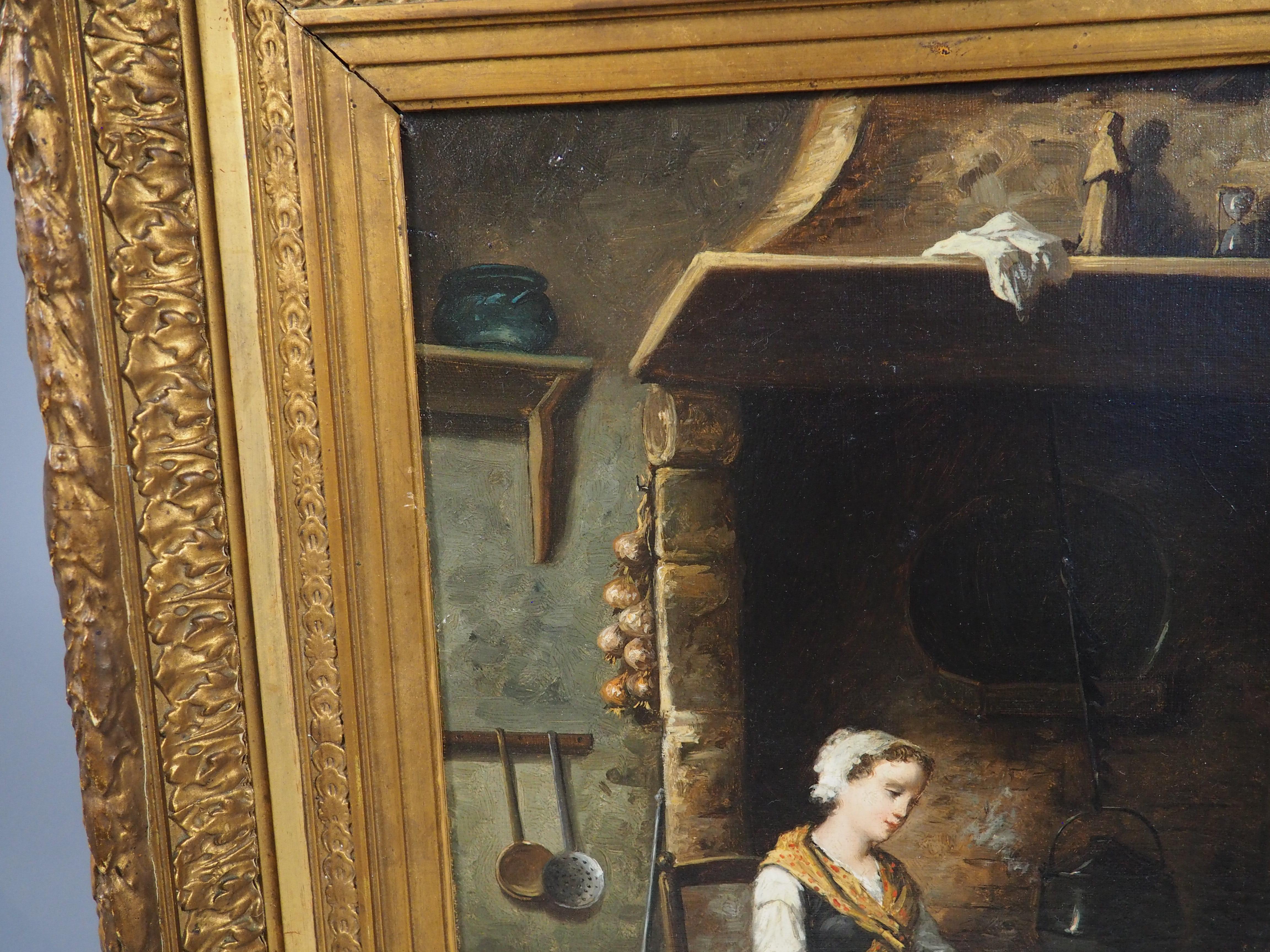 19. Jahrhundert Französisch Öl auf Leinwand Gemälde, Ein ruhiger Abend am Herd im Angebot 8