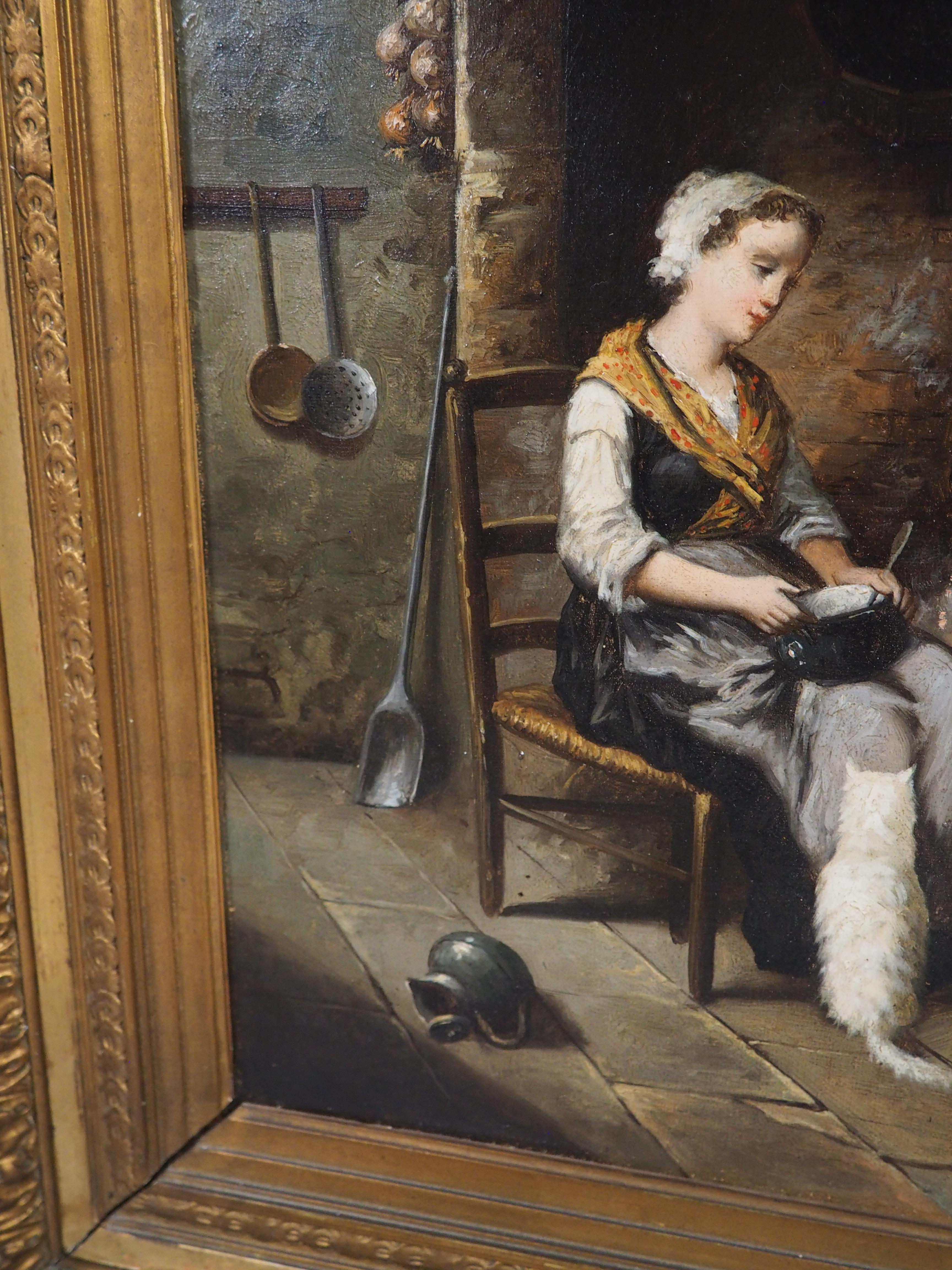 19. Jahrhundert Französisch Öl auf Leinwand Gemälde, Ein ruhiger Abend am Herd im Angebot 9