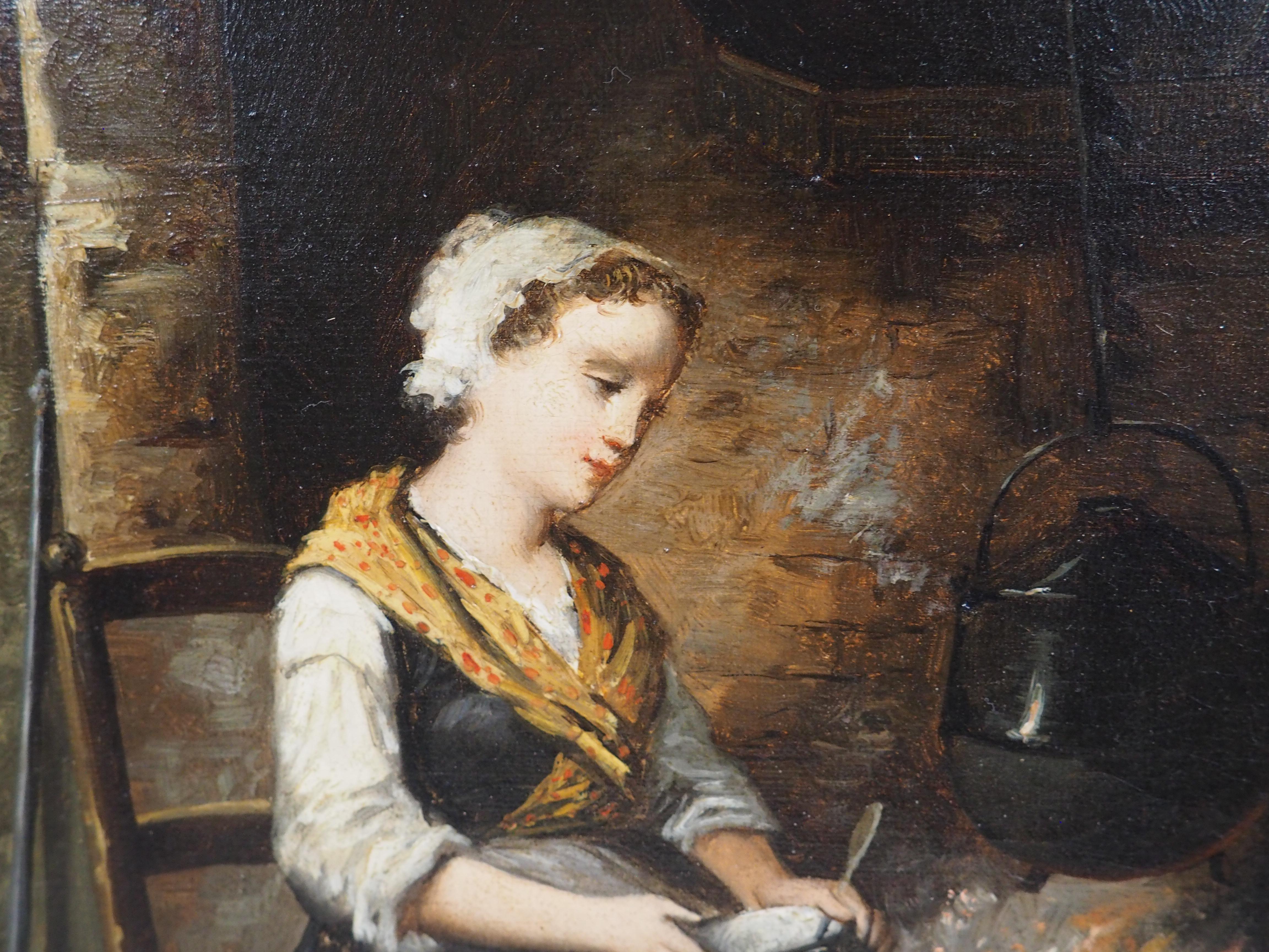 19. Jahrhundert Französisch Öl auf Leinwand Gemälde, Ein ruhiger Abend am Herd im Angebot 11