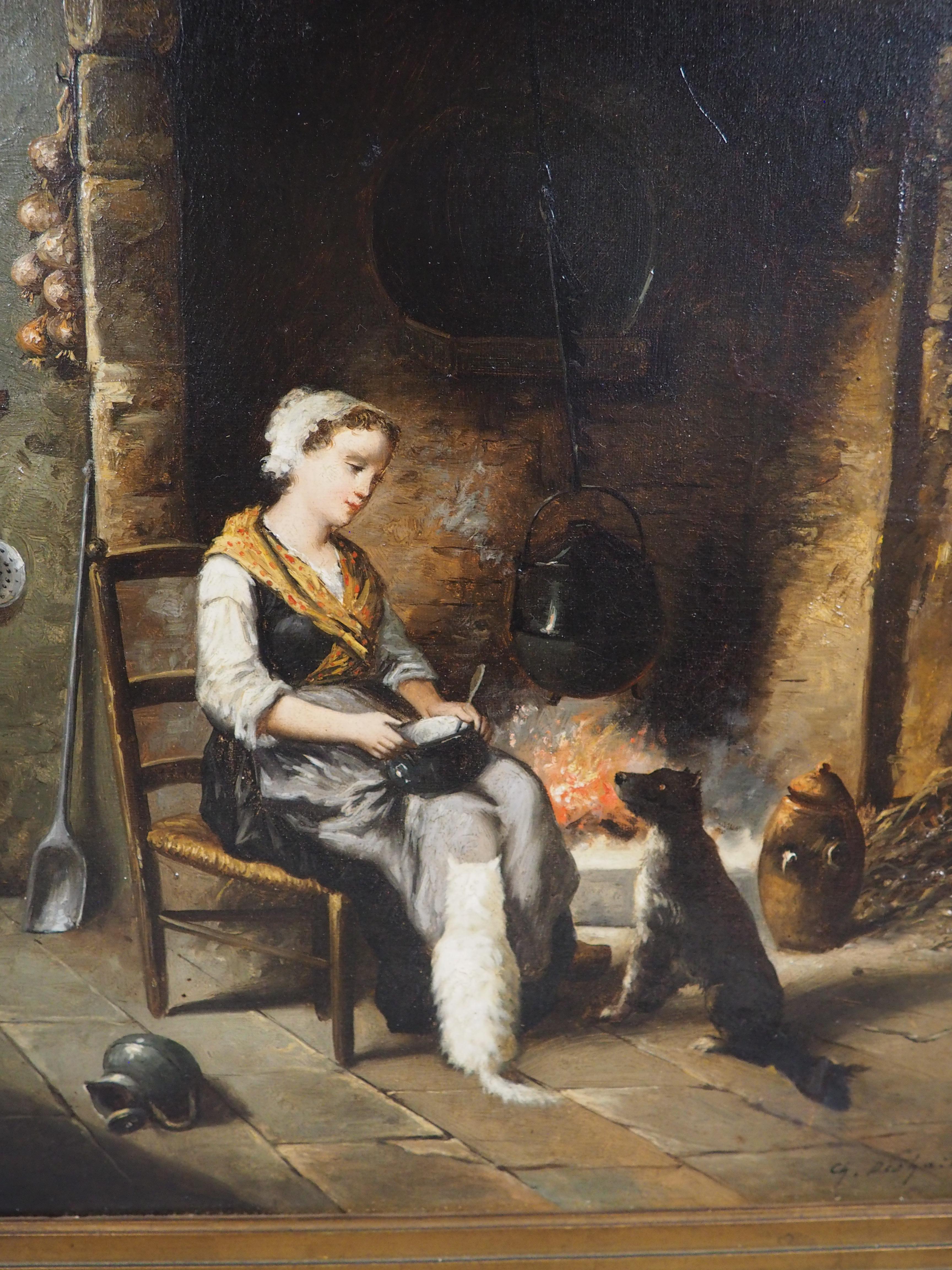 19. Jahrhundert Französisch Öl auf Leinwand Gemälde, Ein ruhiger Abend am Herd im Angebot 12