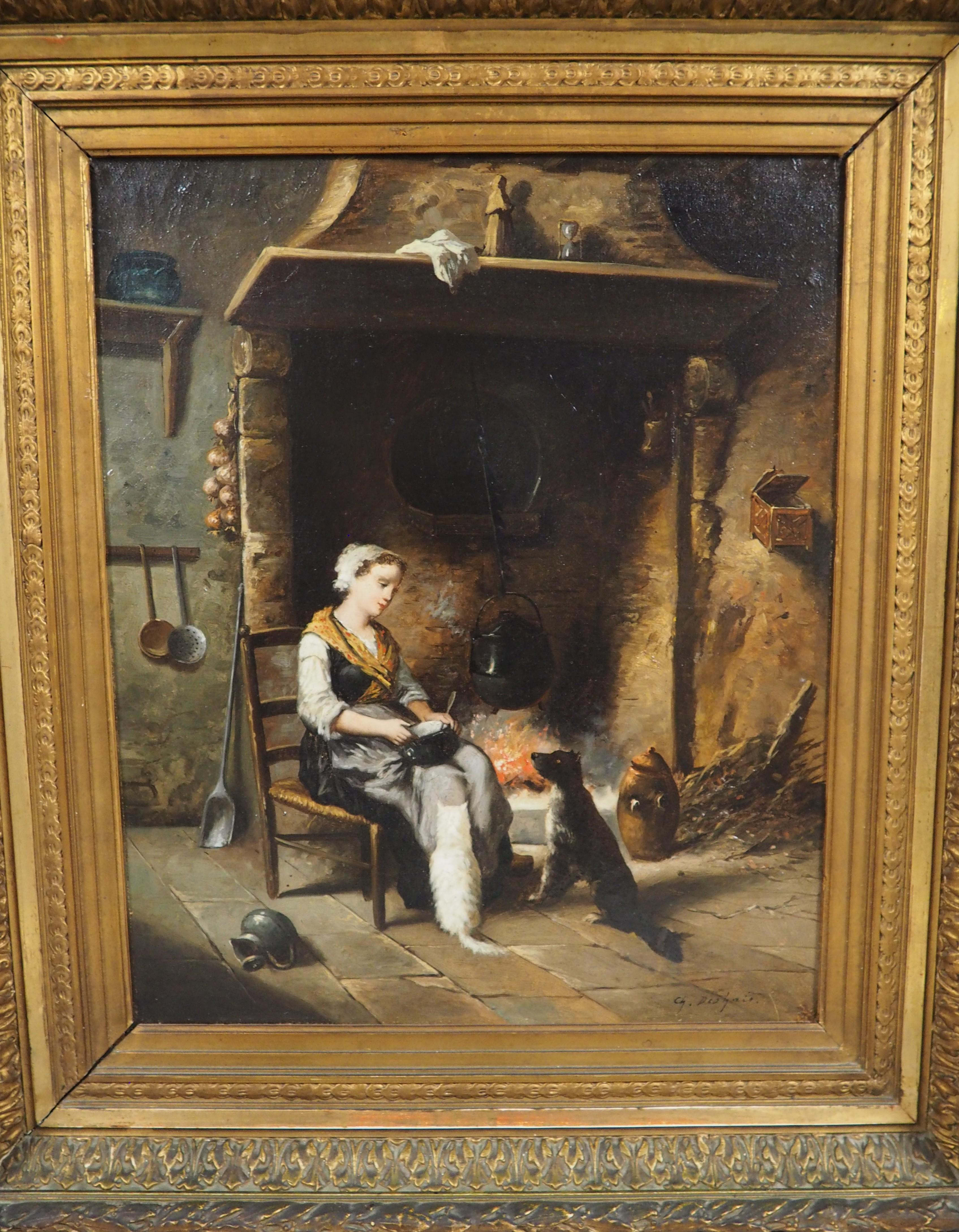 19. Jahrhundert Französisch Öl auf Leinwand Gemälde, Ein ruhiger Abend am Herd im Angebot 13