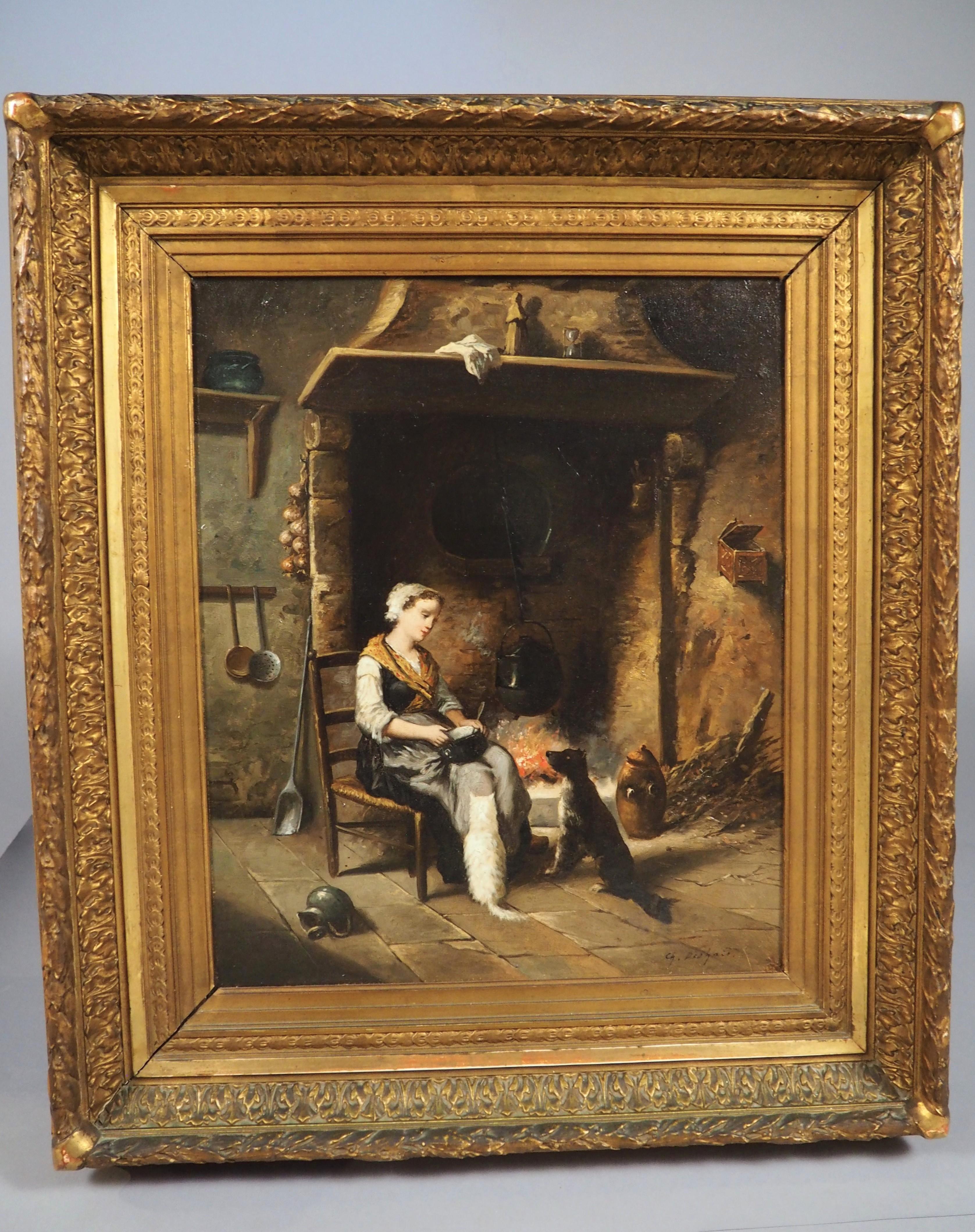 19. Jahrhundert Französisch Öl auf Leinwand Gemälde, Ein ruhiger Abend am Herd im Angebot 14