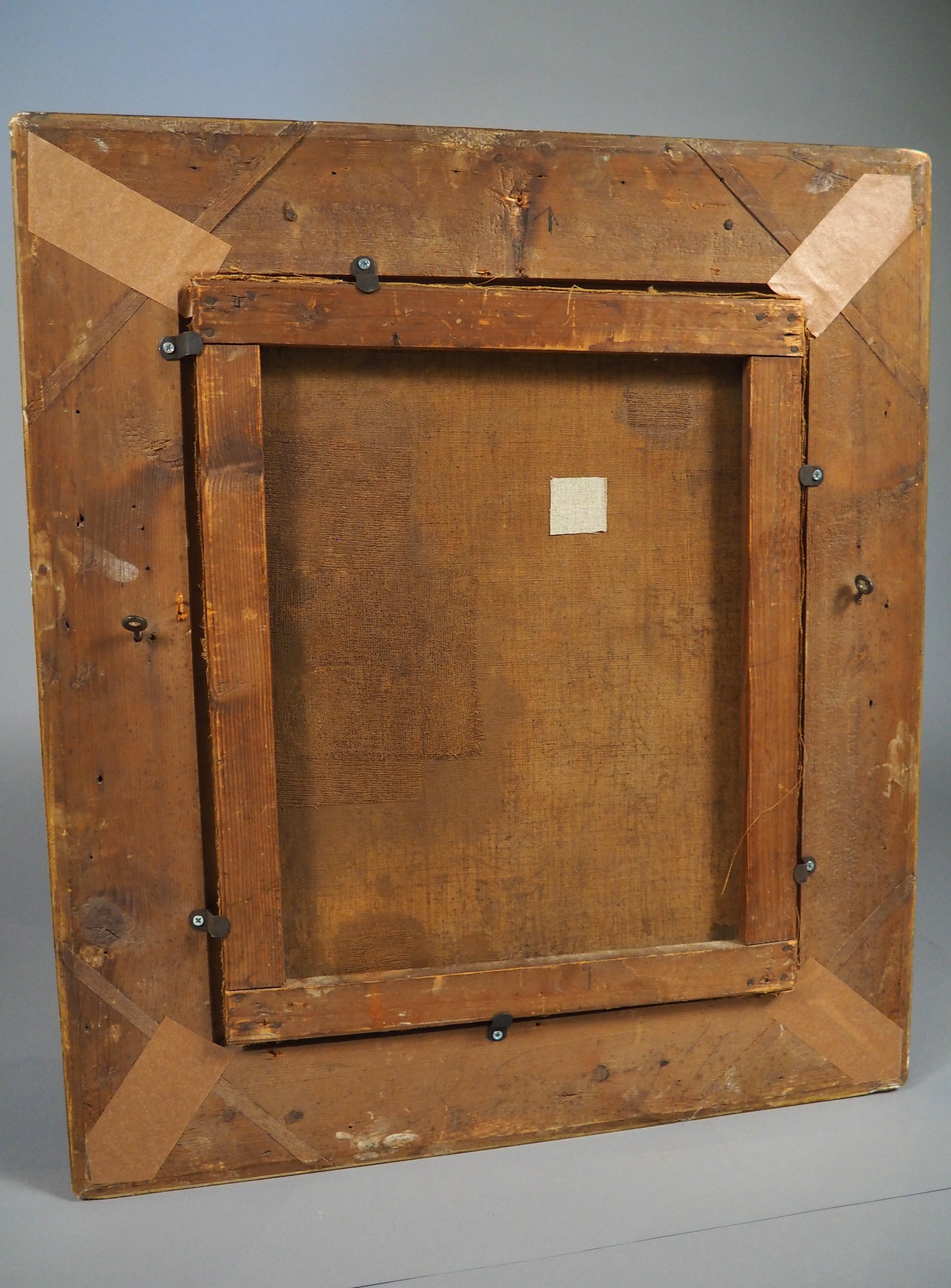 Weitere Informationen folgen in Kürze...

Dieses charmante Gemälde in Öl auf Leinwand zeigt eine Frau, die in einem Holzstuhl vor dem Kamin sitzt.  Eine Katze und ein Hund sitzen zu ihren Füßen und warten auf ein Stückchen Futter aus einer Schüssel,