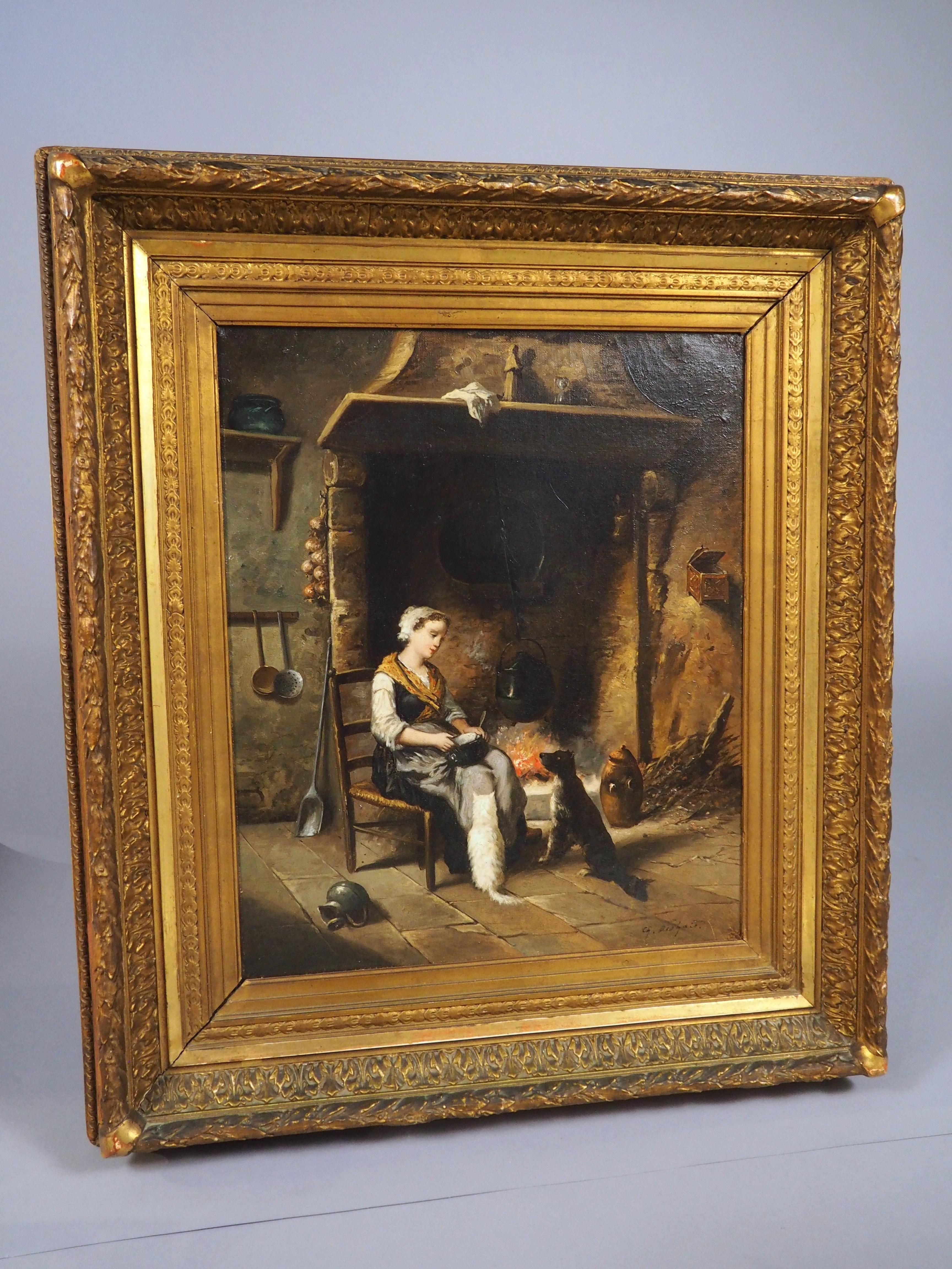 19. Jahrhundert Französisch Öl auf Leinwand Gemälde, Ein ruhiger Abend am Herd (Handgeschnitzt) im Angebot