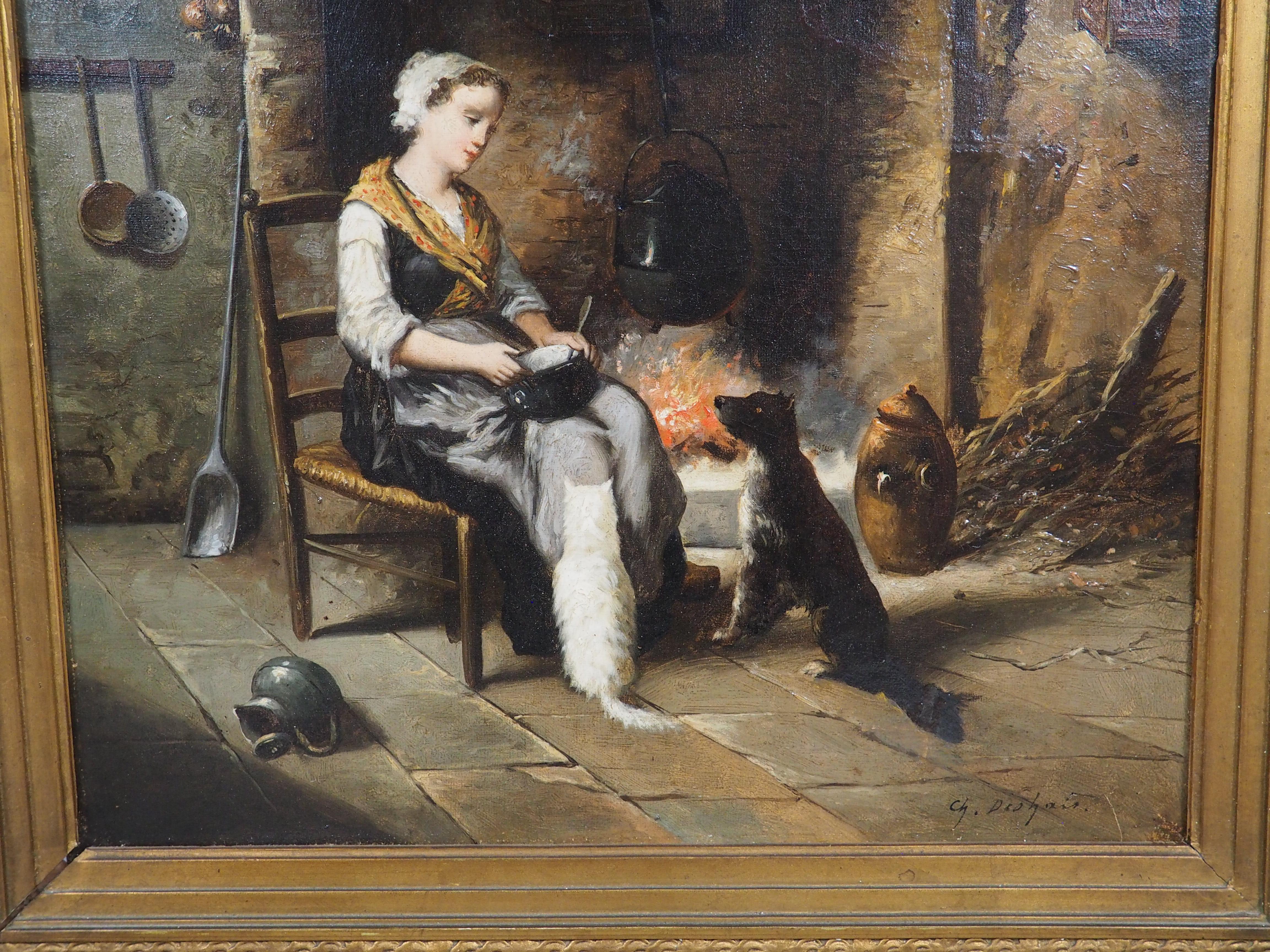 19. Jahrhundert Französisch Öl auf Leinwand Gemälde, Ein ruhiger Abend am Herd im Angebot 4