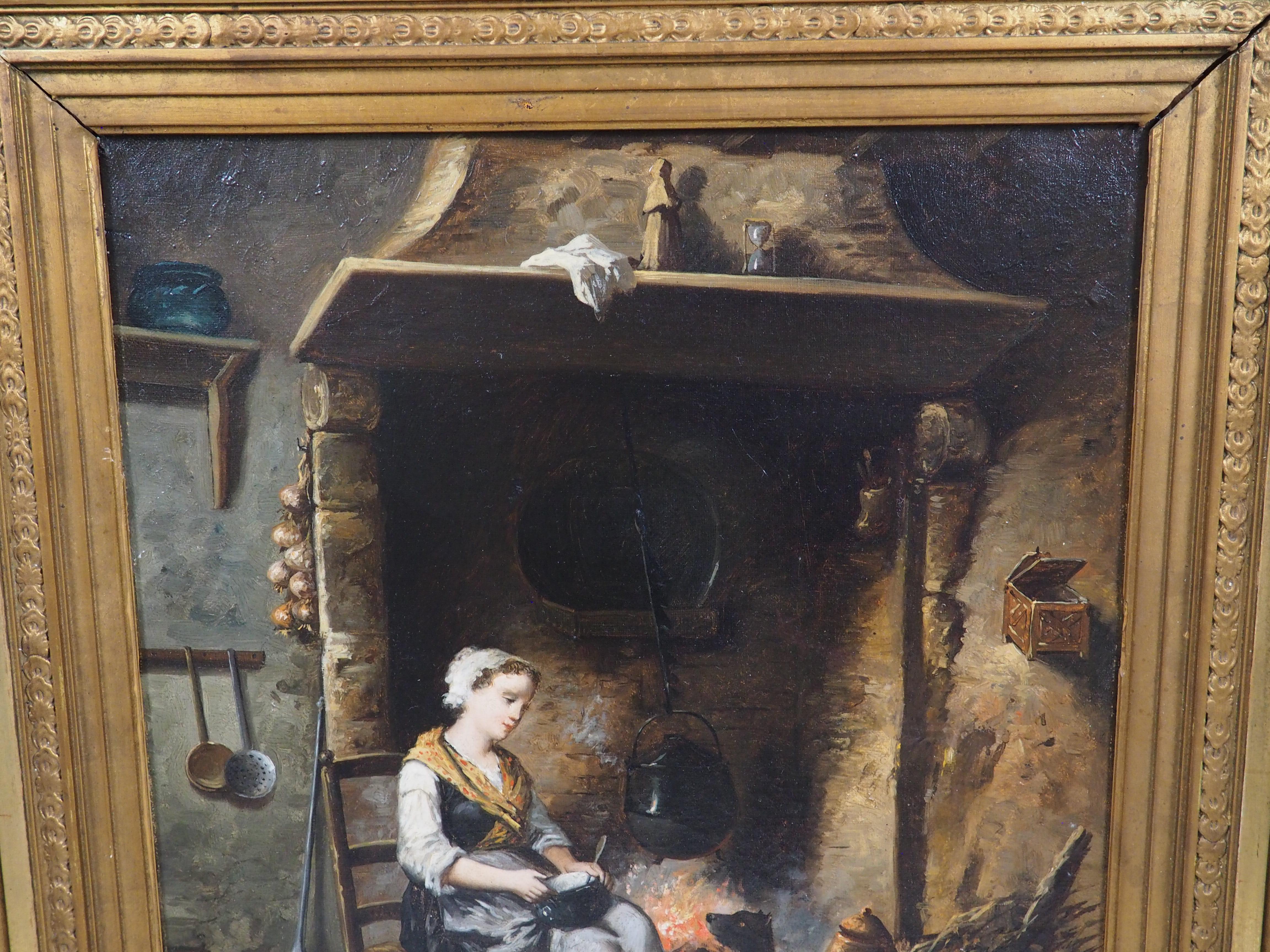 19. Jahrhundert Französisch Öl auf Leinwand Gemälde, Ein ruhiger Abend am Herd im Angebot 5