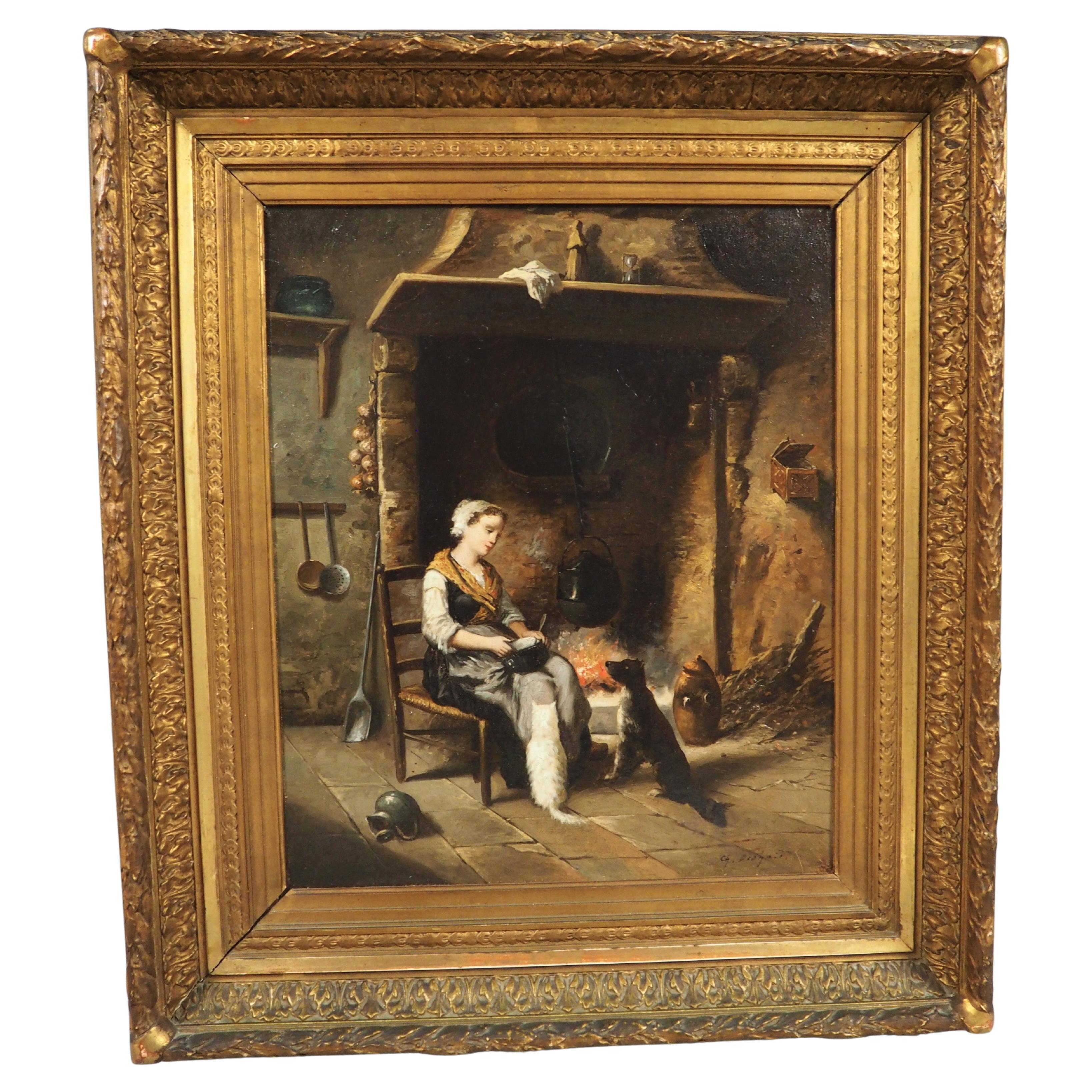 19th Century French Oil on Canvas Painting, A Quiet Evening by the Hearth