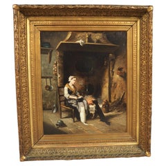19th Century French Oil on Canvas Painting, A Quiet Evening by the Hearth