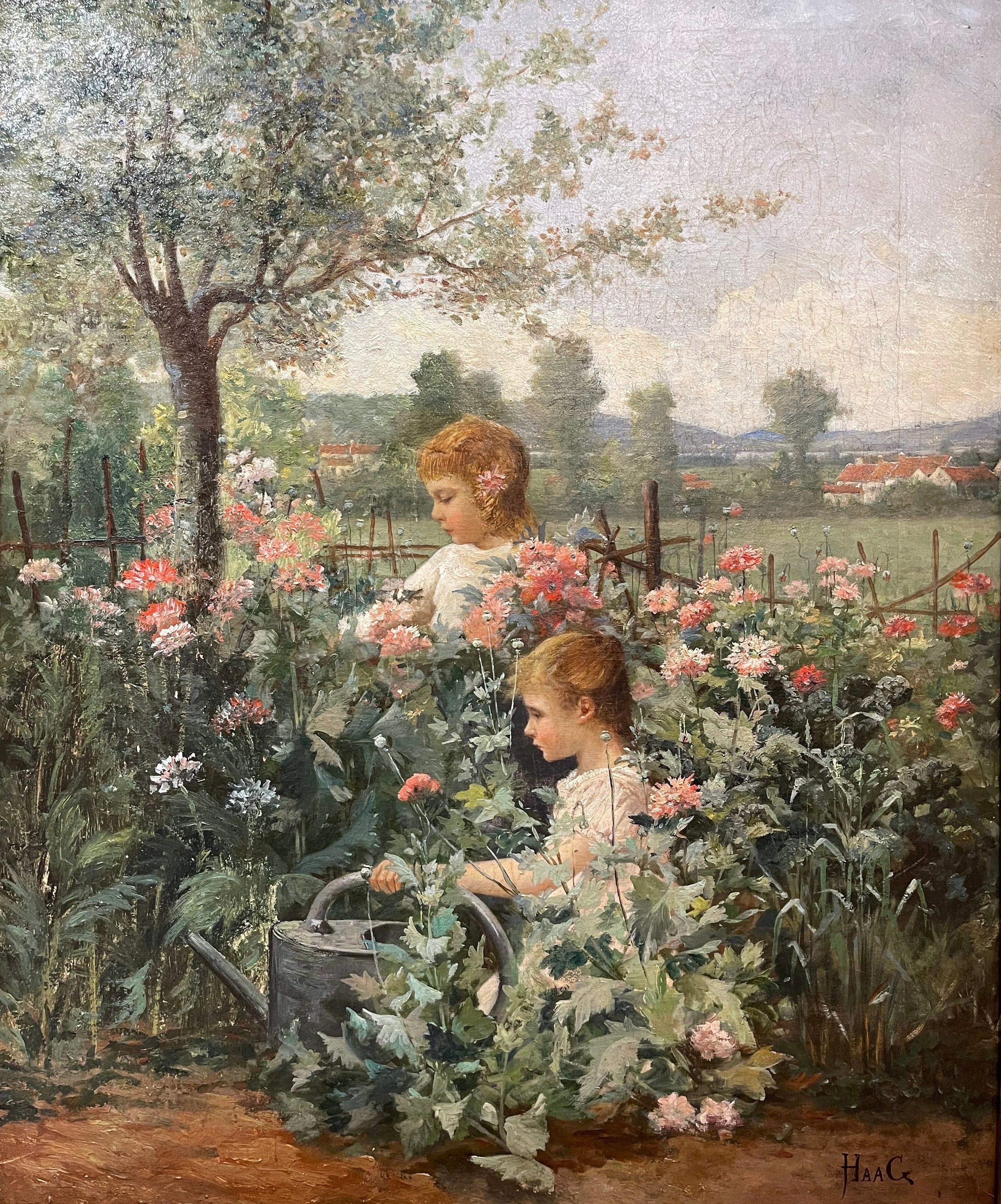 This sweet antique oil on canvas painting was created circa 1880. Signed on the lower right corner by the artist, Jean Paul Haag, the artwork depicts two young girls picking flowers in a field. The painting is in excellent condition with rich and