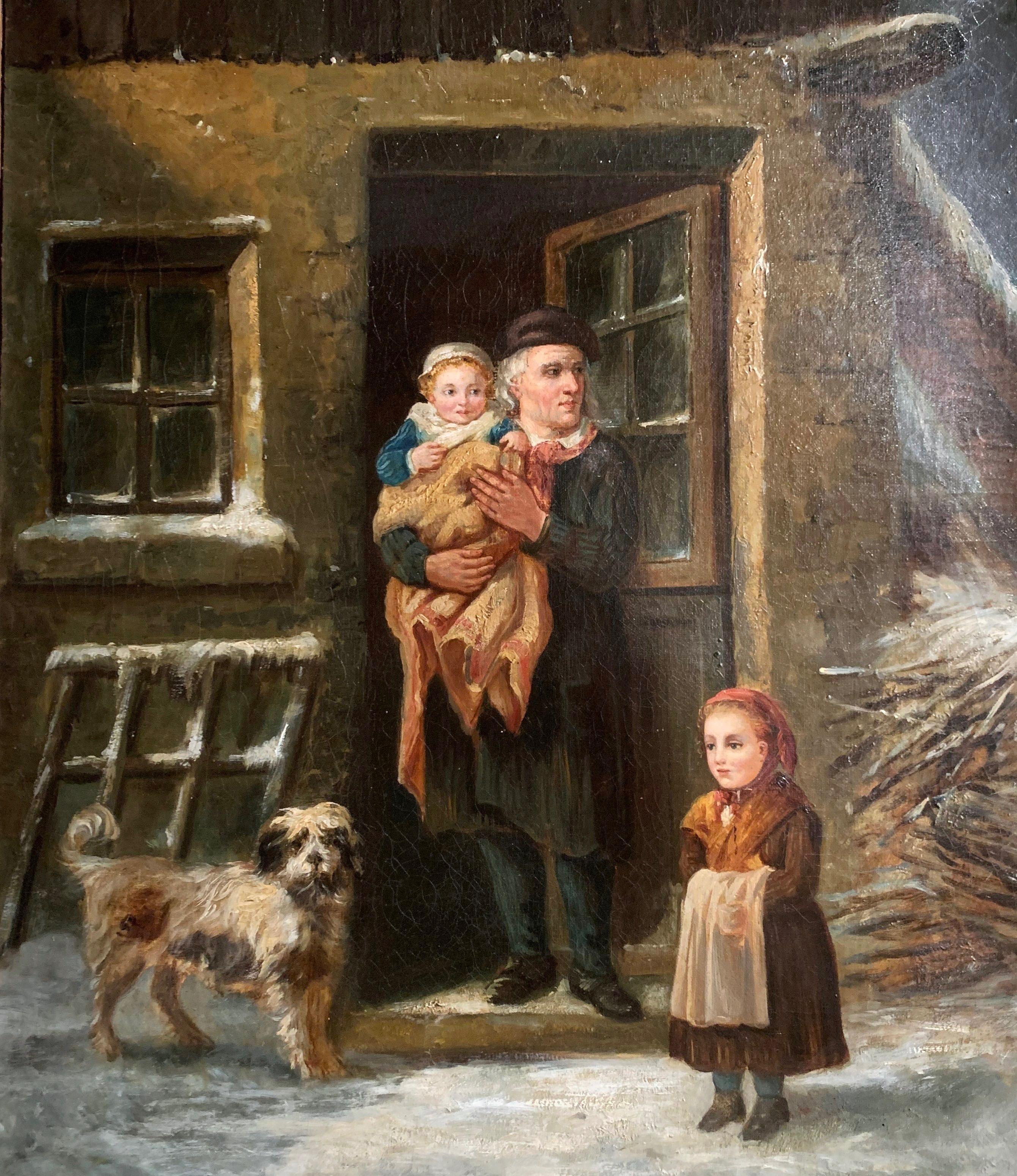 Das um 1870 in Frankreich gefertigte und in den originalen geschnitzten Goldholzrahmen eingefasste Kunstwerk zeigt eine Szene im Freien mit einem Mann vor seinem Haus mit seinen Kindern und seinem Hund. Die Leinwand ist sehr gut verarbeitet, mit