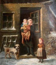 19th Century French Genre Painting of Family and Dog in Winter Scene