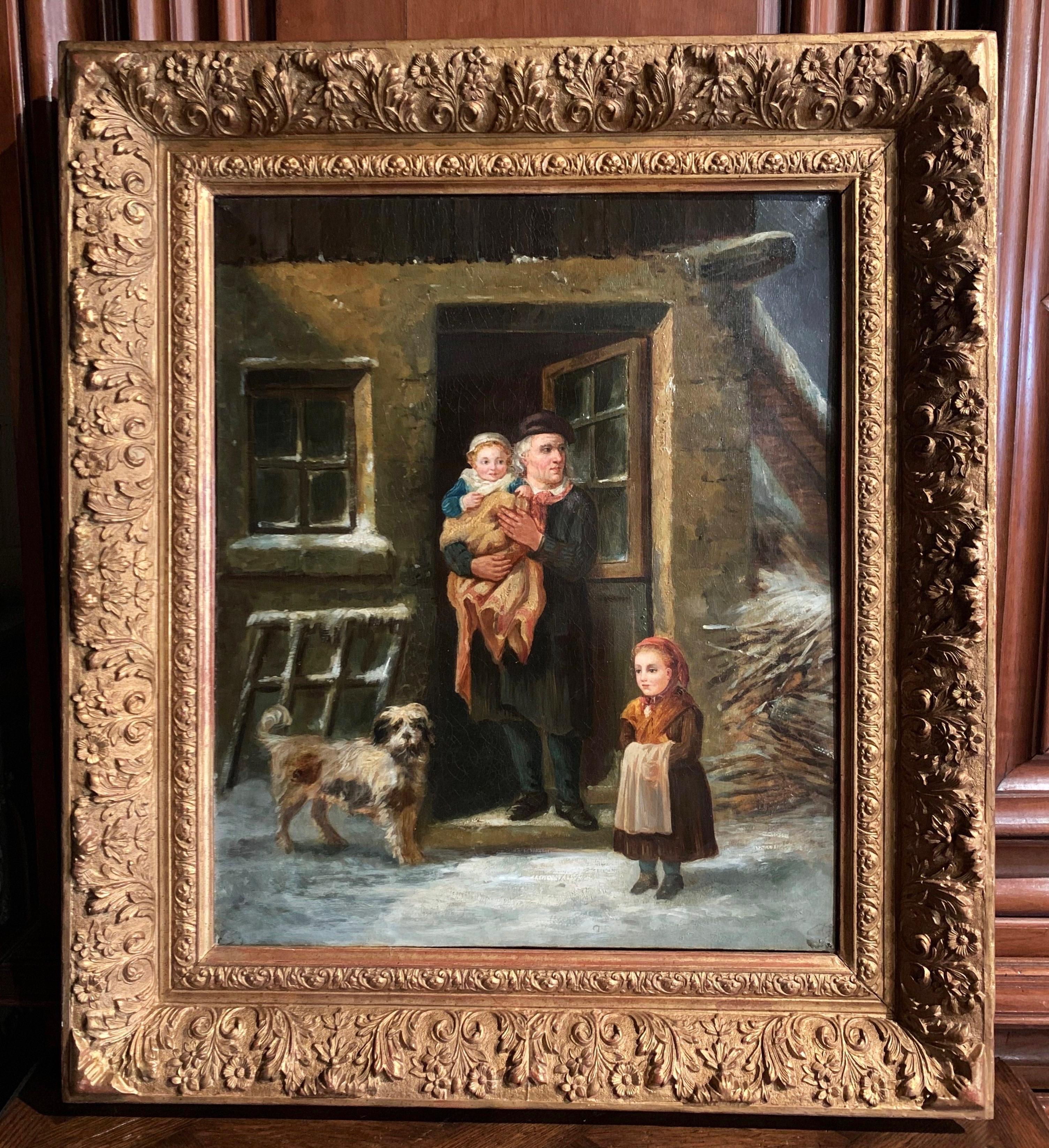 19th Century French Oil on Canvas Painting in Carved Giltwood Frame In Excellent Condition For Sale In Dallas, TX