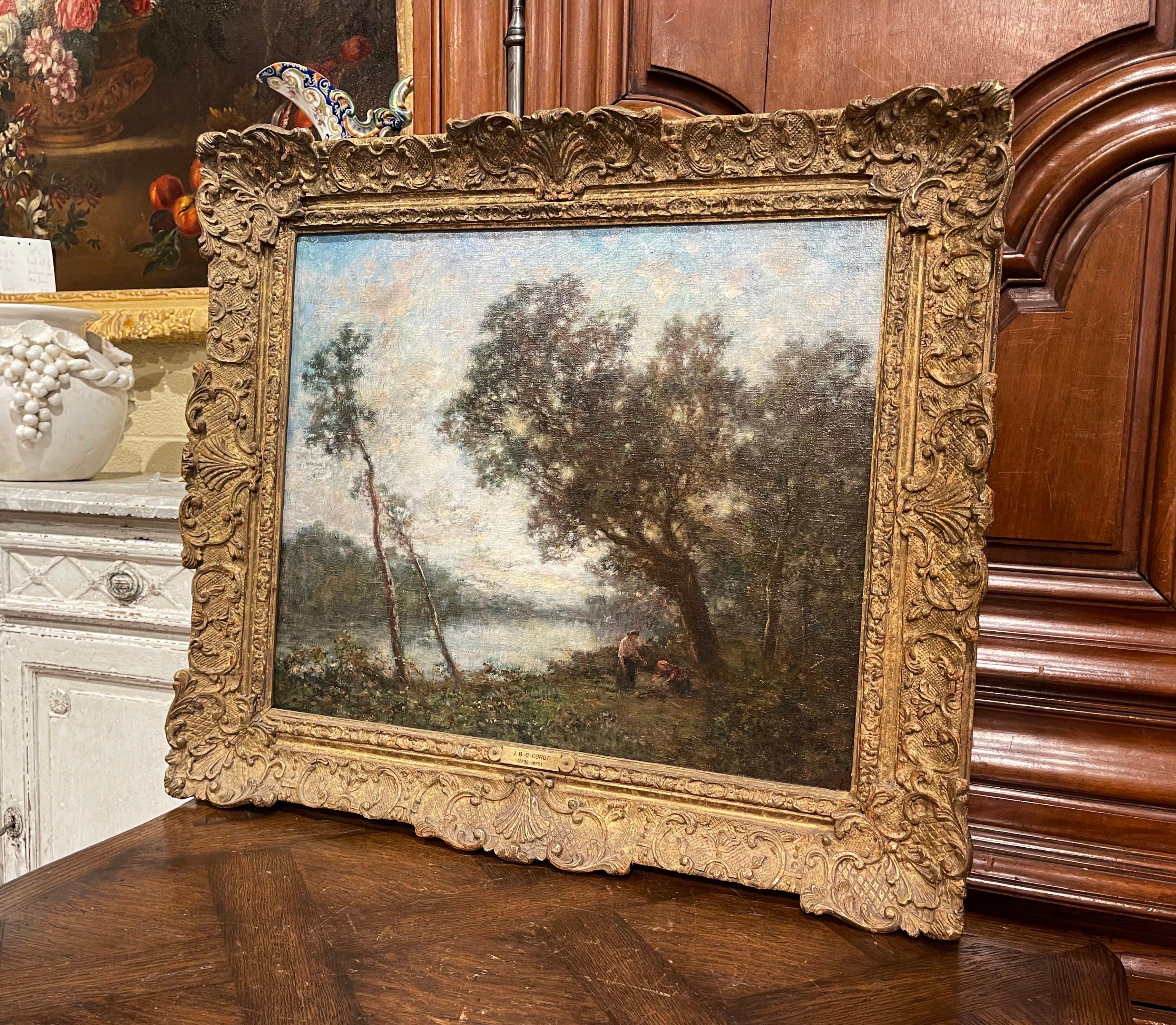 Peinture à l'huile sur toile française du 19ème siècle dans un cadre doré dans le style de Corot en vente 2