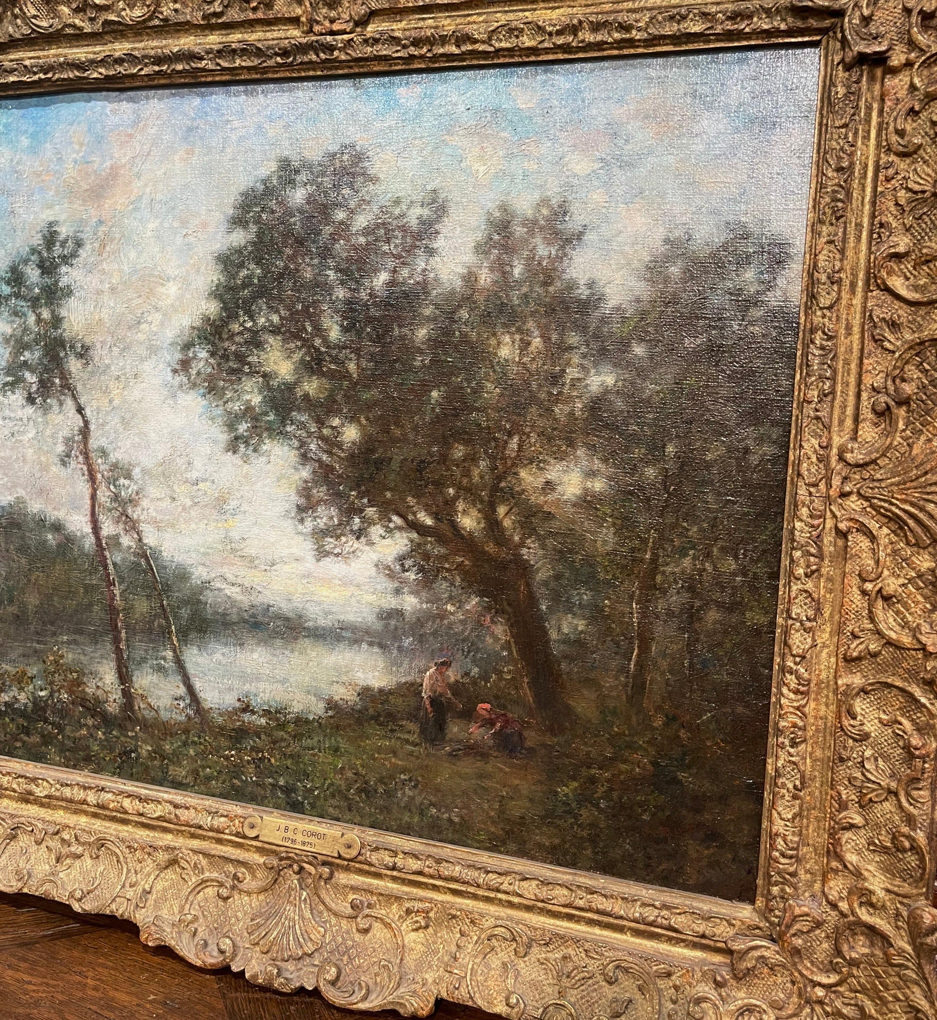 Peinture à l'huile sur toile française du 19ème siècle dans un cadre doré dans le style de Corot en vente 3
