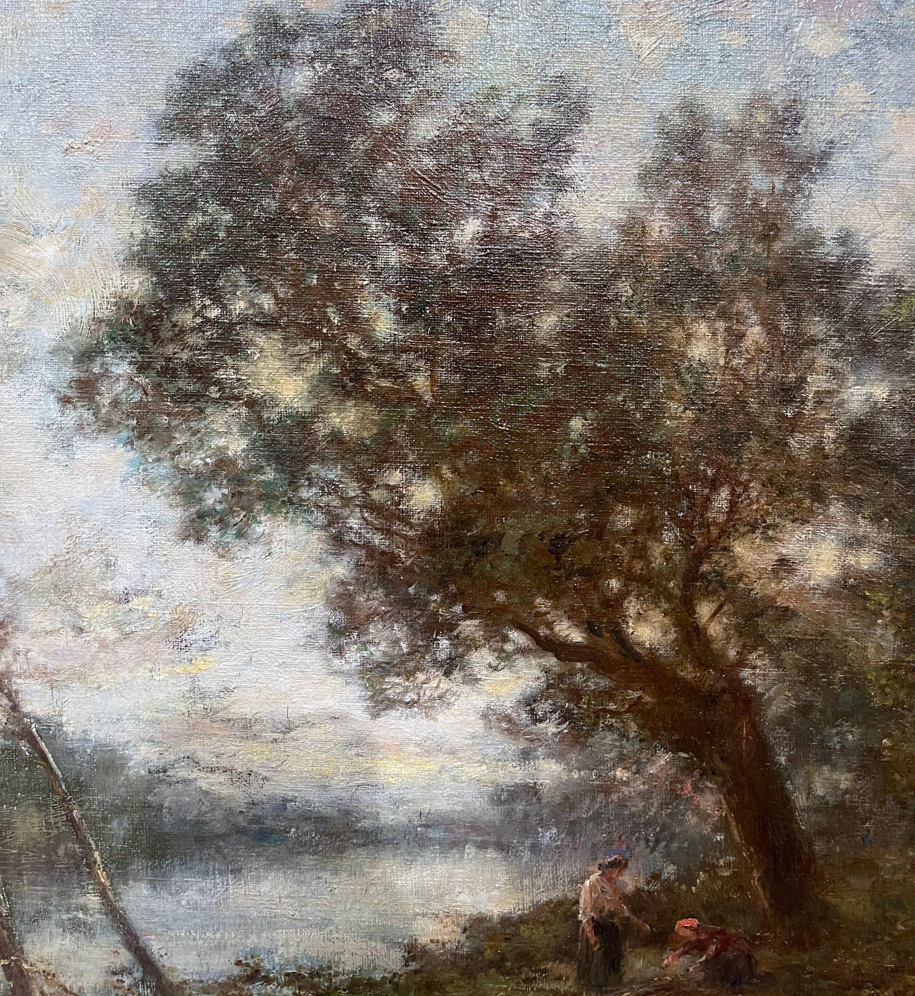Peinture à l'huile sur toile française du 19ème siècle dans un cadre doré dans le style de Corot en vente 8