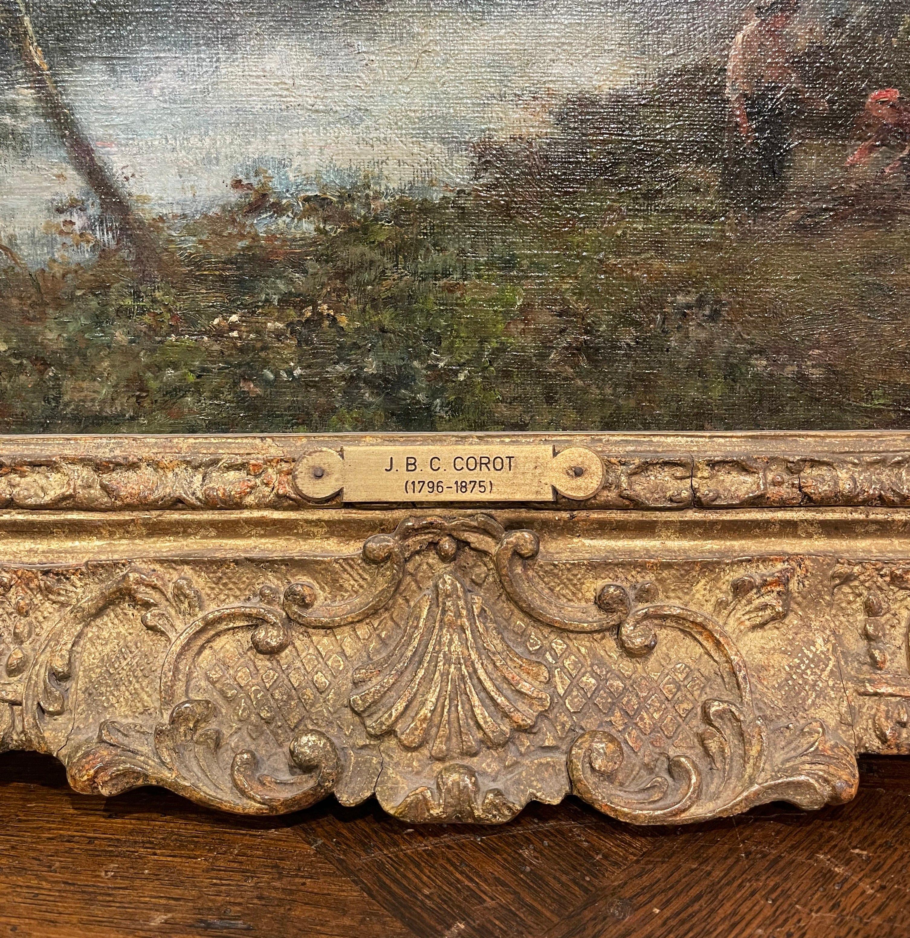 19th Century French Oil on Canvas Painting in Gilt Frame in the Style of Corot In Excellent Condition For Sale In Dallas, TX