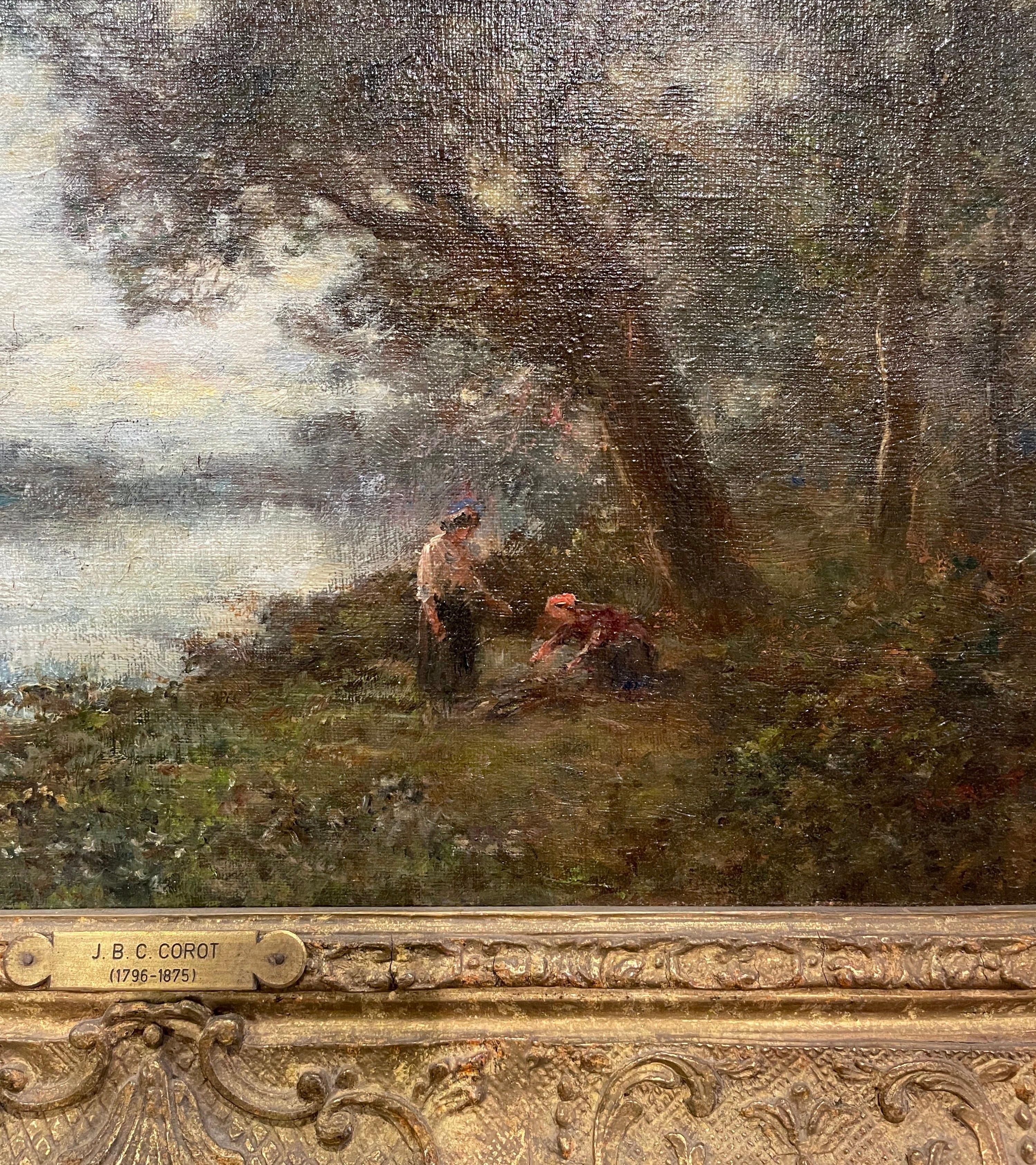 Français Peinture à l'huile sur toile française du 19ème siècle dans un cadre doré dans le style de Corot en vente