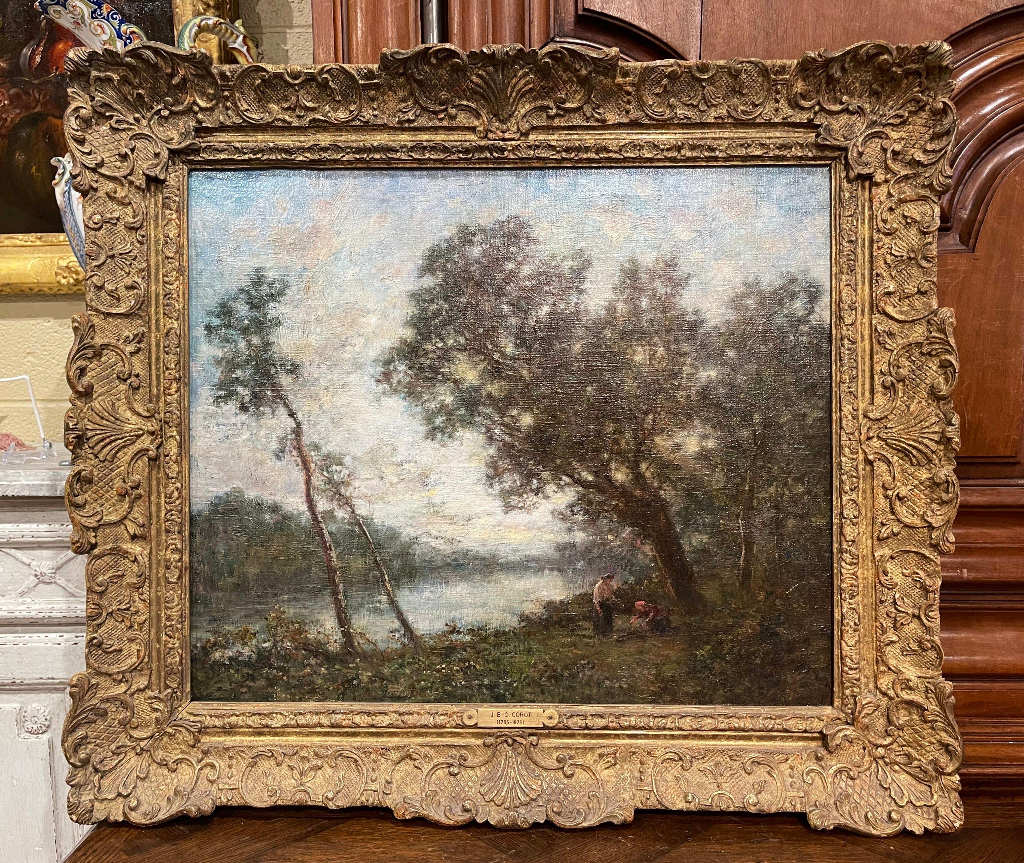 Doré Peinture à l'huile sur toile française du 19ème siècle dans un cadre doré dans le style de Corot en vente