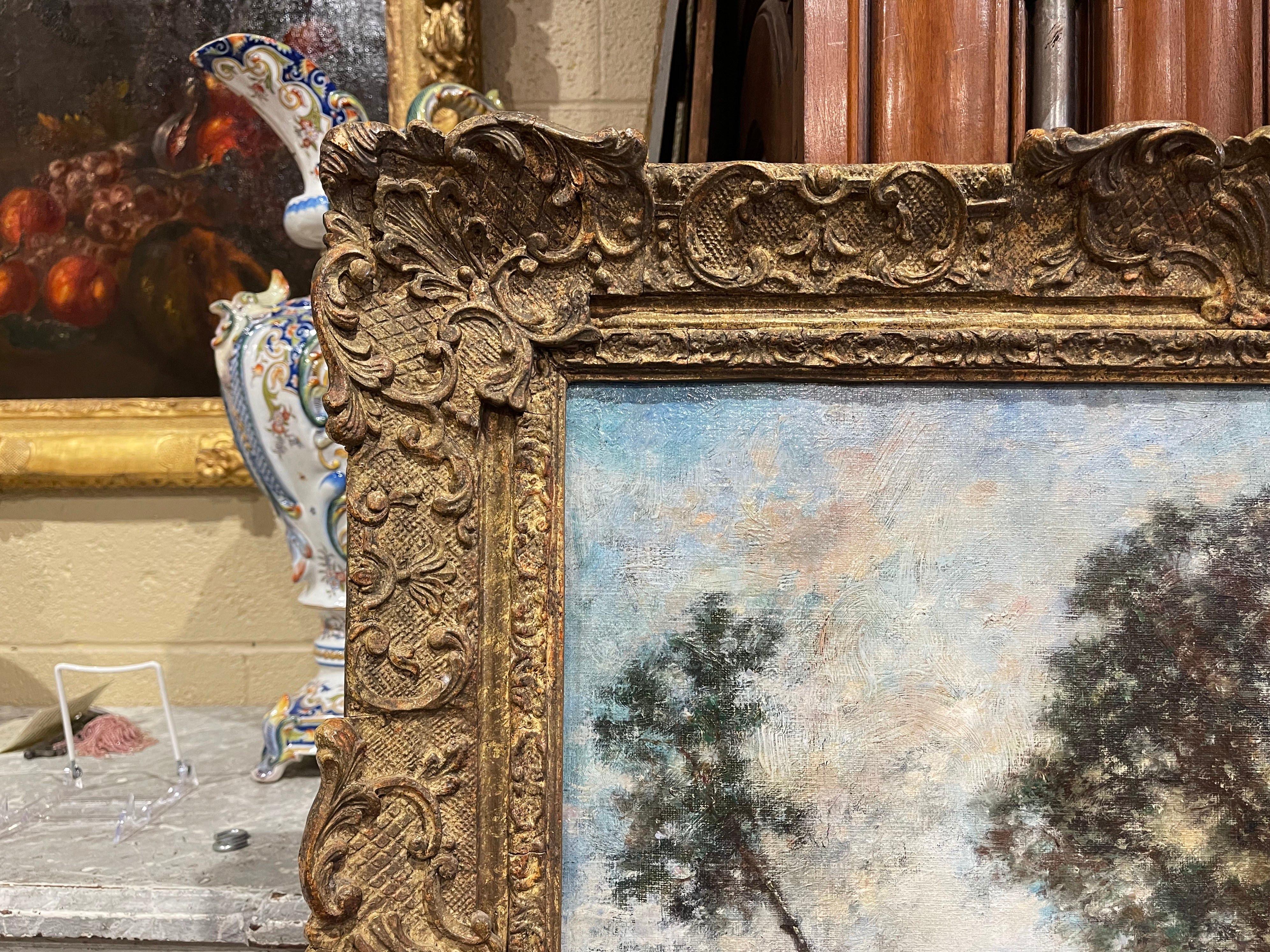 XIXe siècle Peinture à l'huile sur toile française du 19ème siècle dans un cadre doré dans le style de Corot en vente