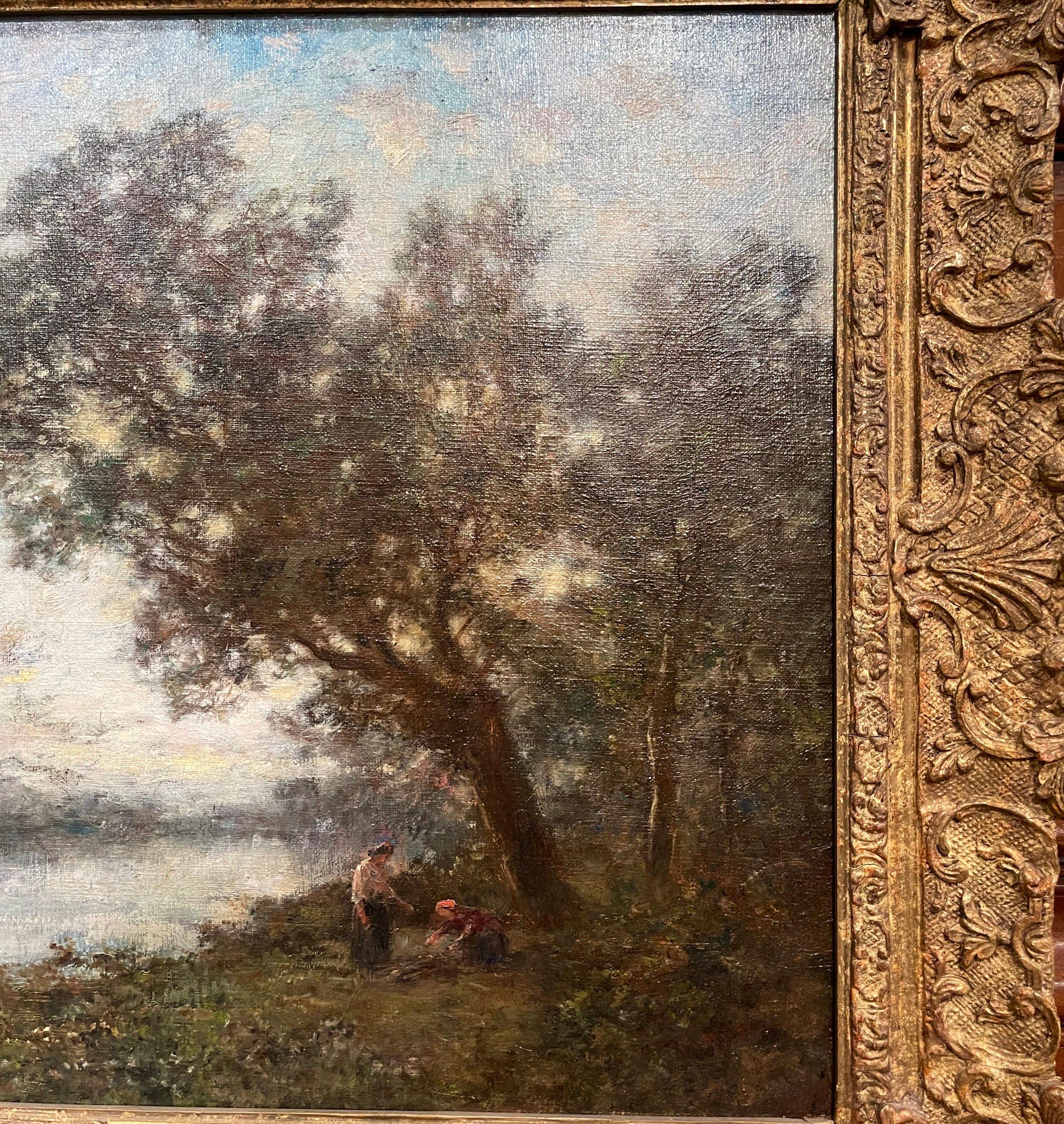 Peinture à l'huile sur toile française du 19ème siècle dans un cadre doré dans le style de Corot en vente 1