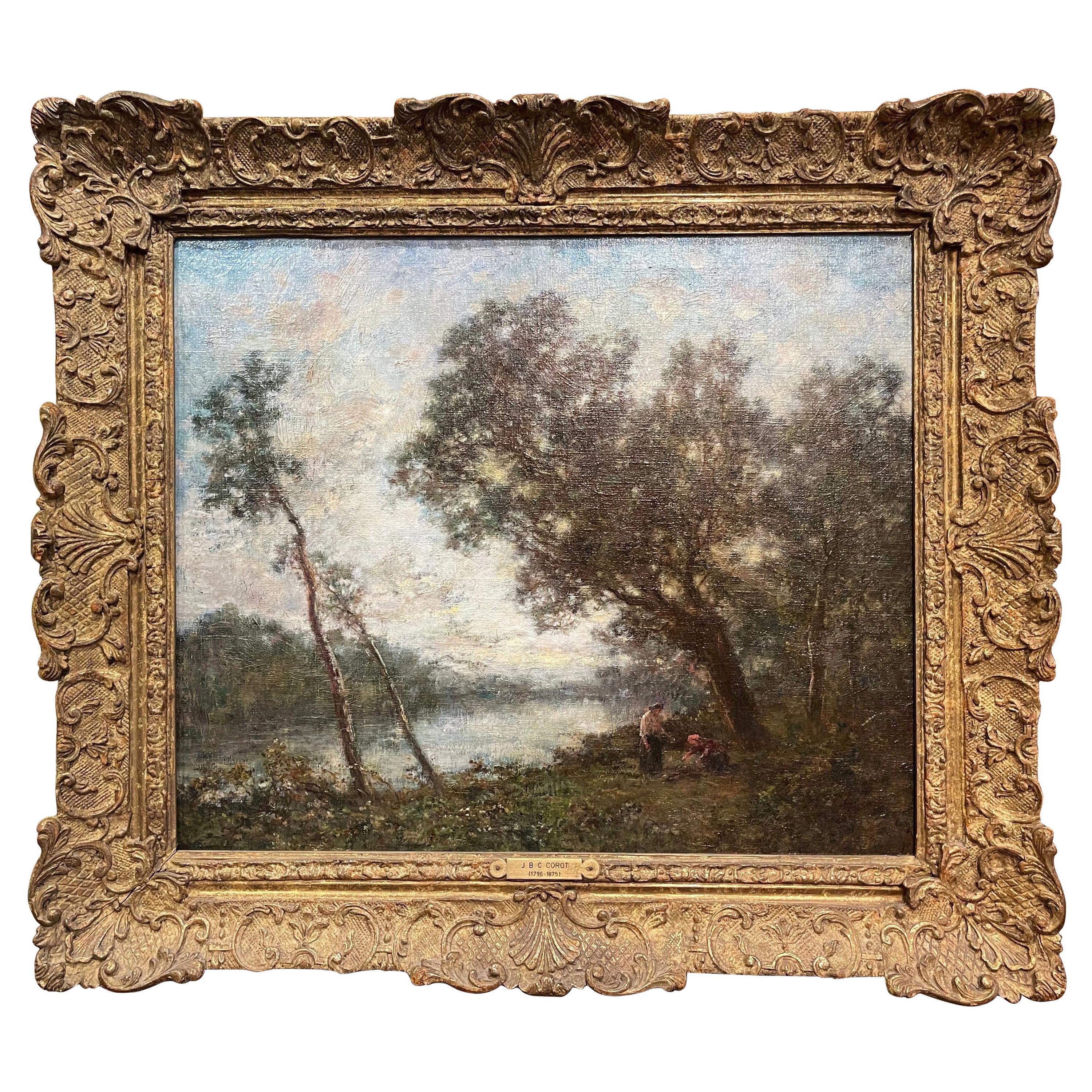 Peinture à l'huile sur toile française du 19ème siècle dans un cadre doré dans le style de Corot en vente