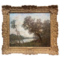 Antique 19th Century French Oil on Canvas Painting in Gilt Frame in the Style of Corot