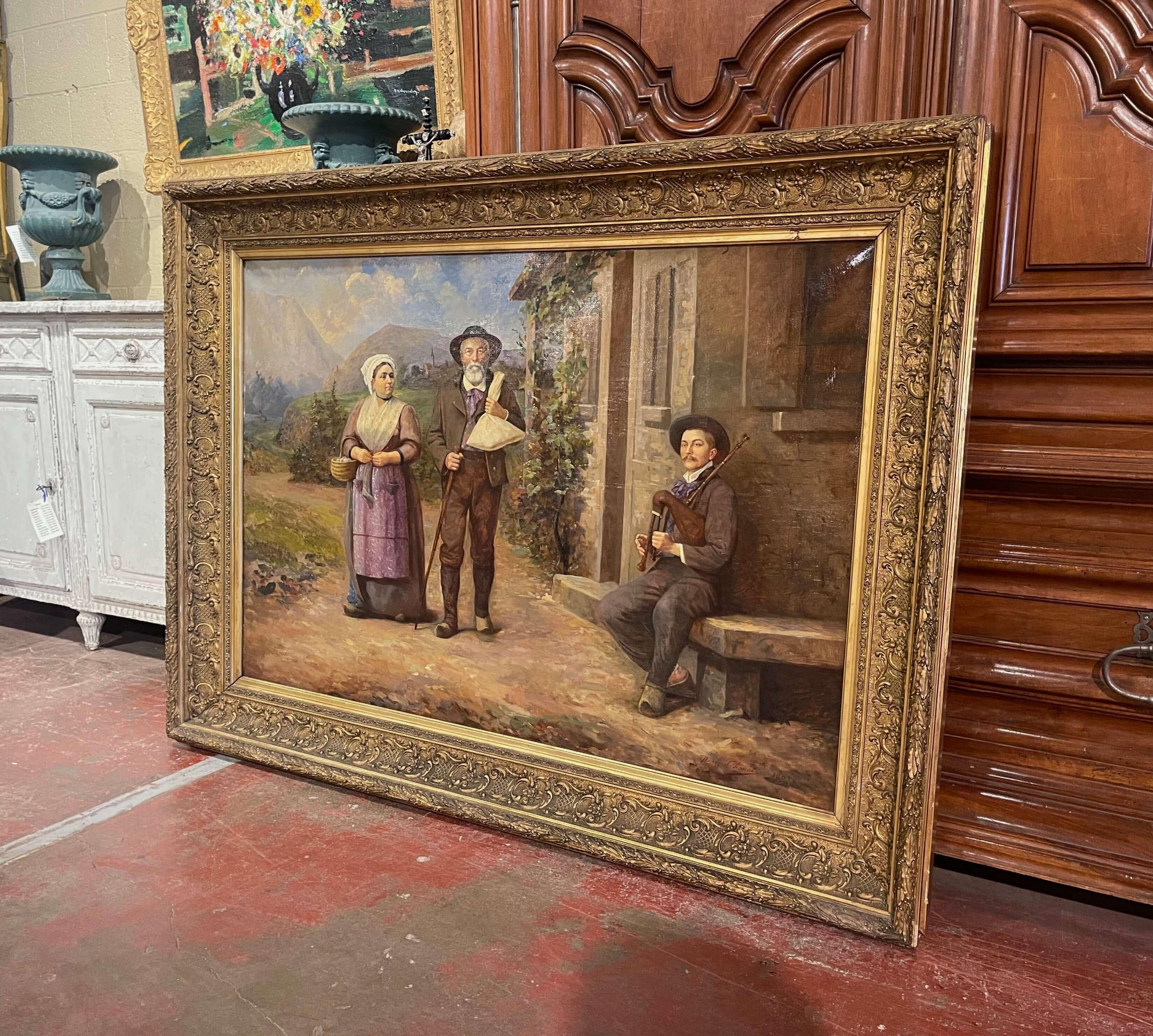 Decorate a wall with this large and colorful antique oil on canvas painting. Set in the original carved gold leaf frame, the artwork was created in France at the turn of the century. The composition depicts peasant in front of their farmhouse and