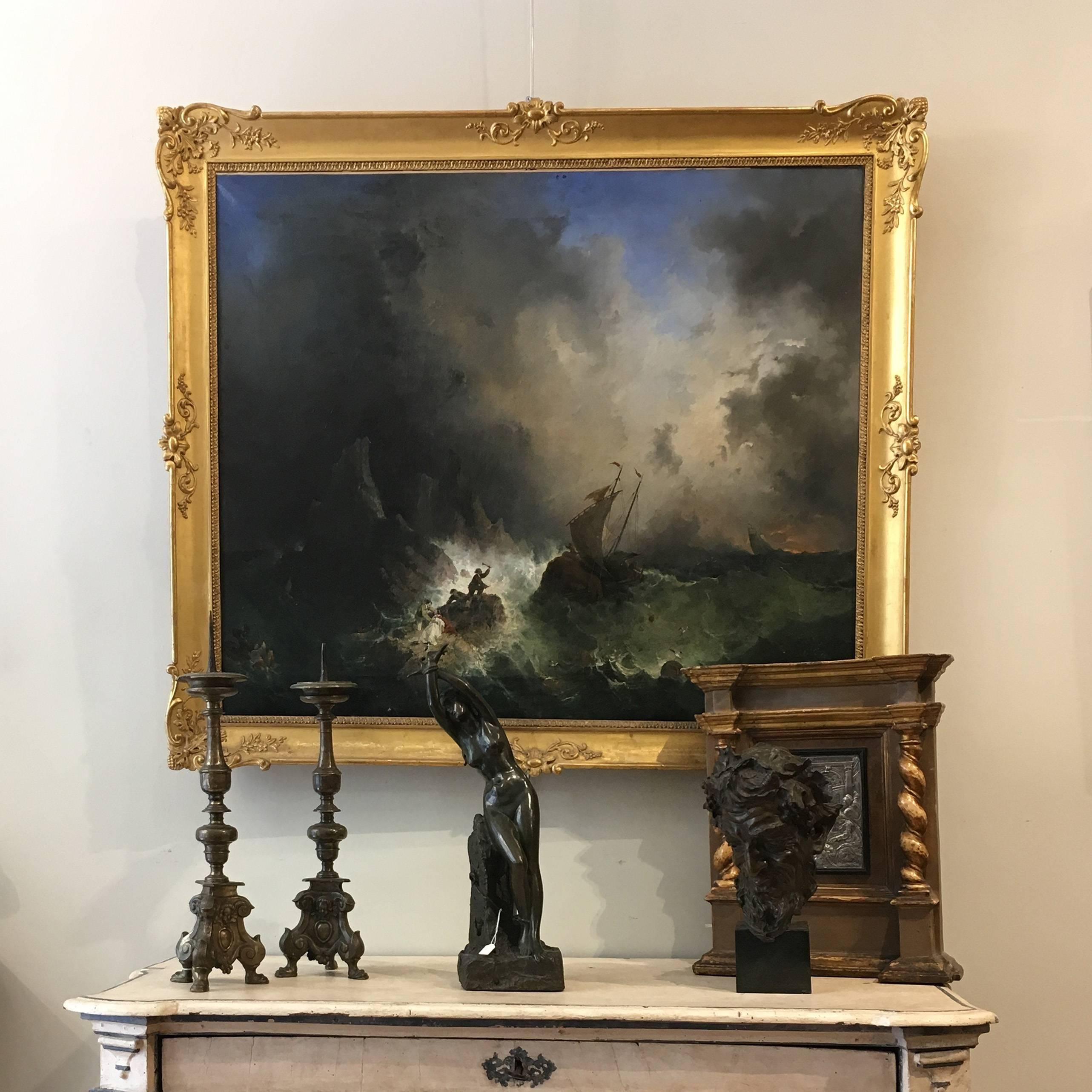 19th Century French Oil on Canvas Painting in Giltwood Frame Depicting Shipwreck 7