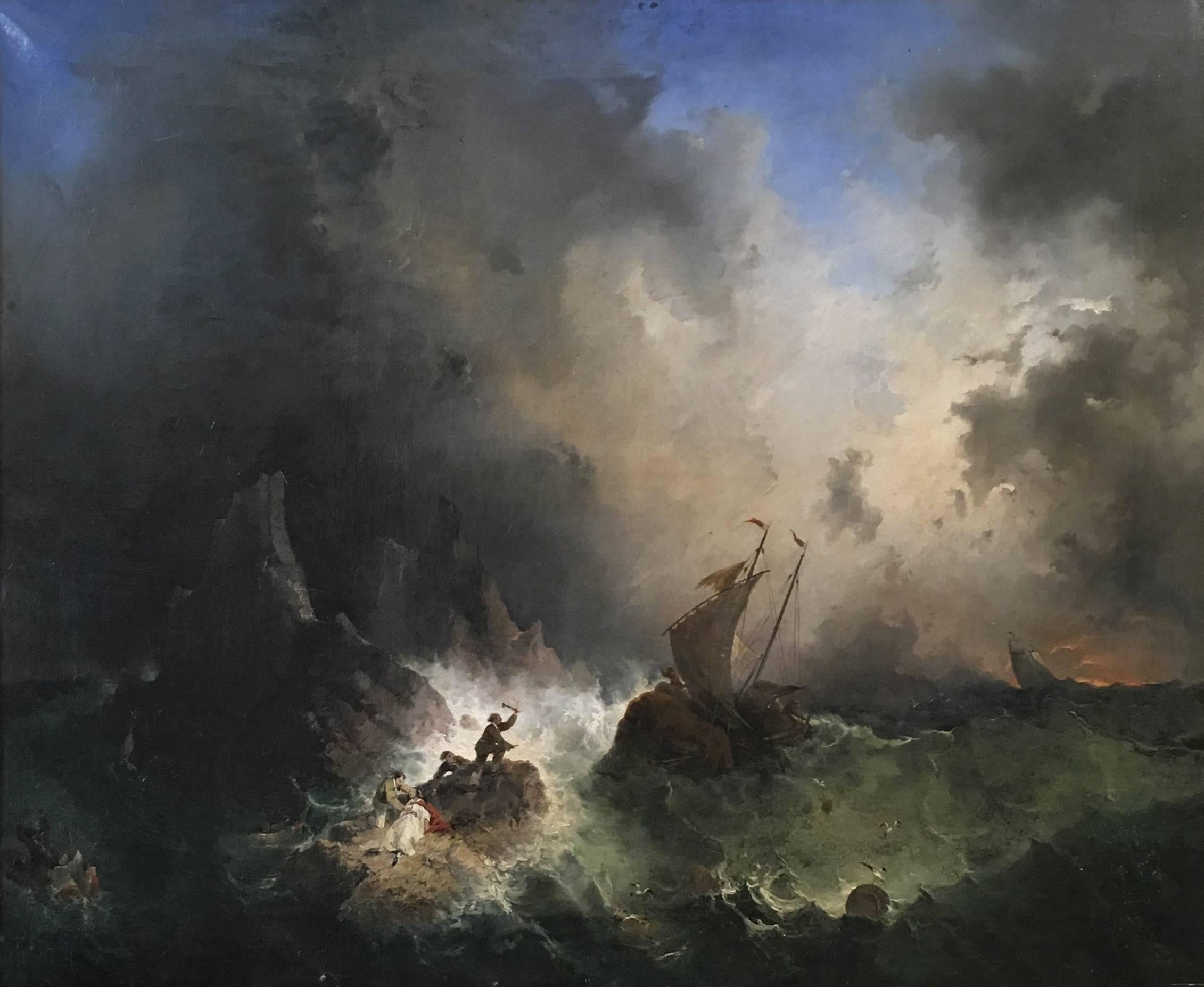 Painting by unknown artist.
Oil on canvas in giltwood frame. 
Painting depicting the tragic scene of a shipwreck.
French school, mid-19th century.
