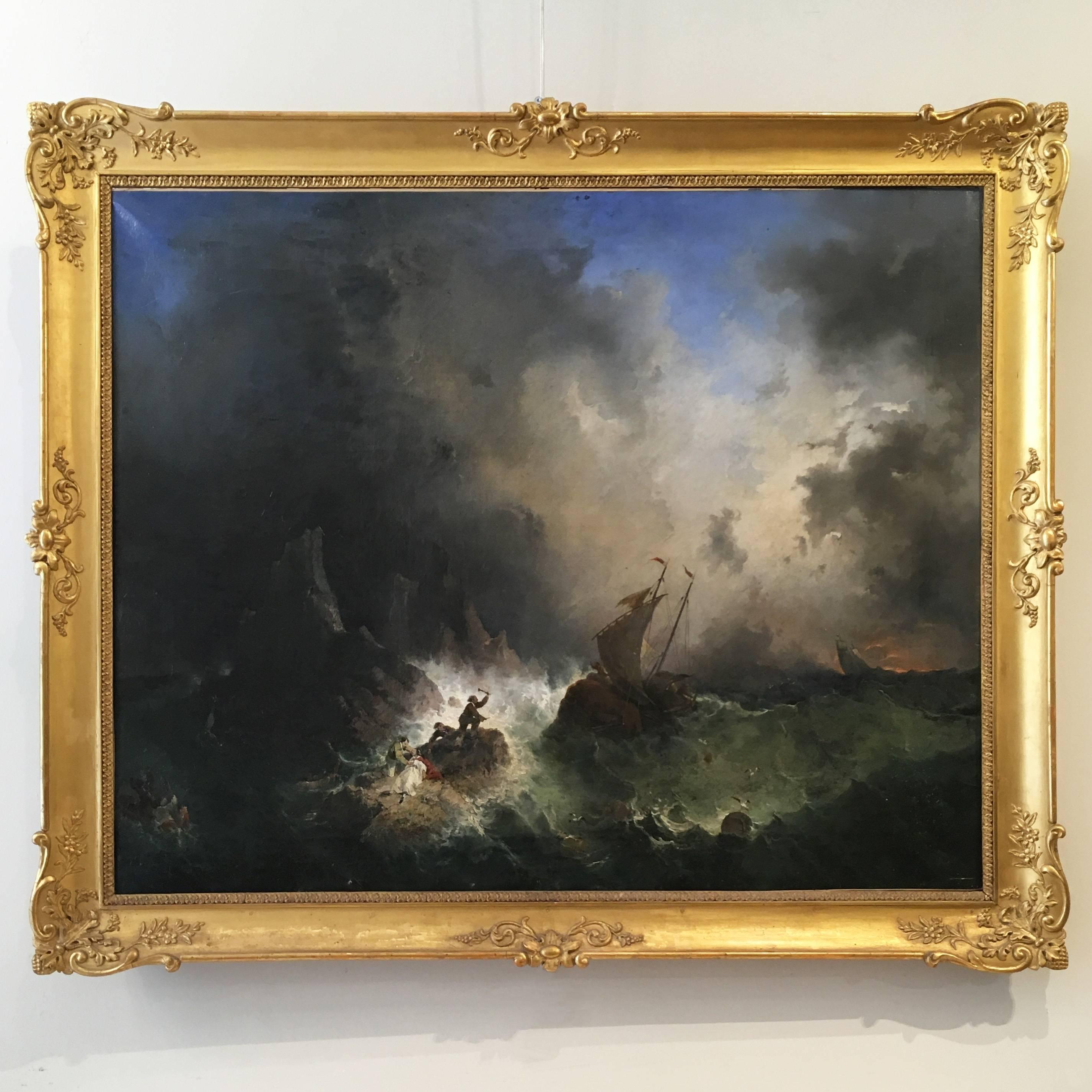19th Century French Oil on Canvas Painting in Giltwood Frame Depicting Shipwreck In Good Condition In Firenze, IT